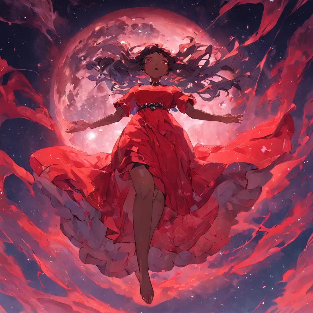 (Masterpiece - Illustrations - Detailed - Best Quality)   beautiful  curvy black woman wearing red dress sitting on a full moon , with the universe around her, 8k , perfect anatomy, super detailed , hyper detailed face, realistic hands, super detailed eyes