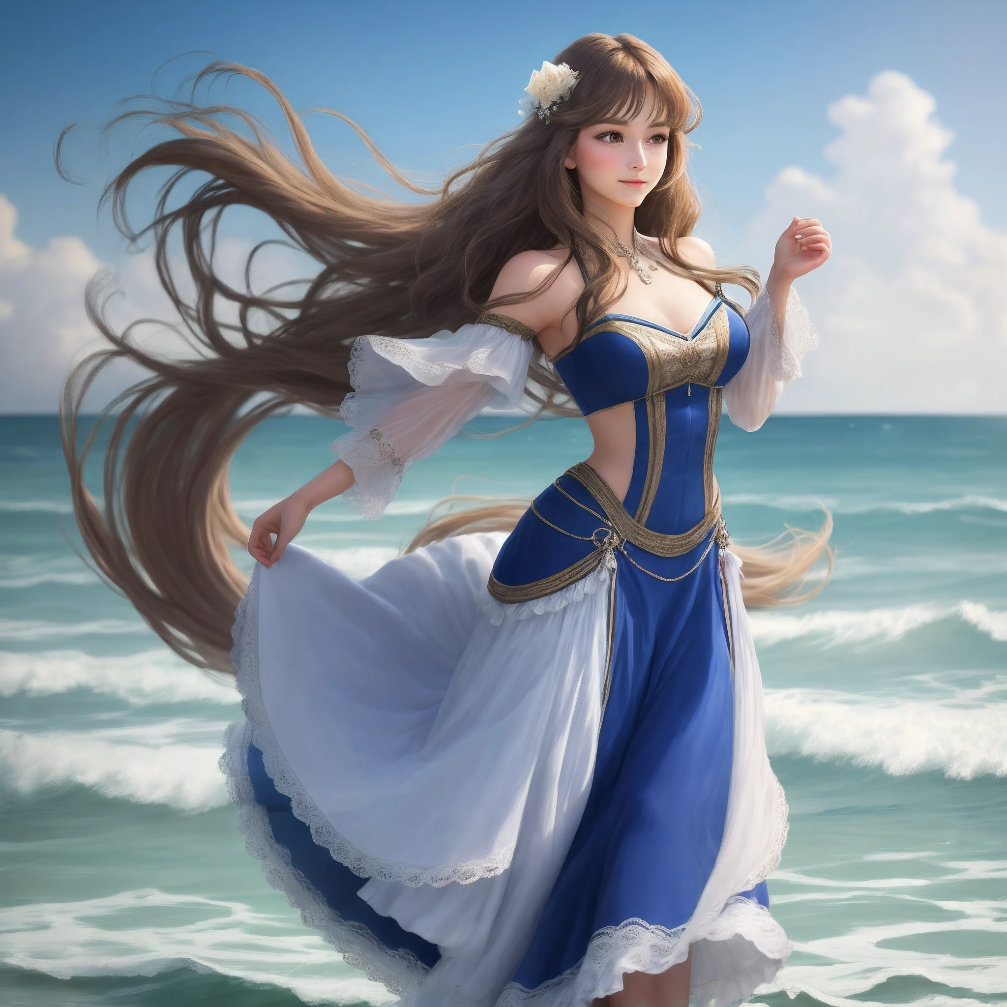 A long-haired beauty dancing by the sea