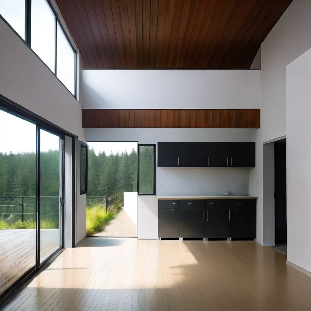 Generate a two-story house, with floor-to-ceiling windows, with garage, In the style of minimalism, With terrace, The house is located in the forest.