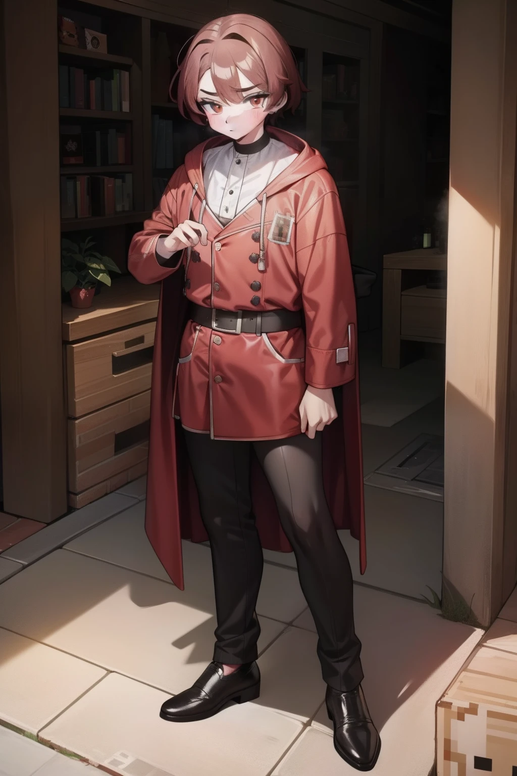 Close-up of a man in a red jacket standing in the room, minecraft skin, red and black cape and hoodie, full body black and red longcoat, red and black costume!!!, minecraft style, red and black suit, Black and red suit, brown tanned skin, in the style of sifu 🔥 😎 🕹️ 👀 :2, Aim for a《My World》style of