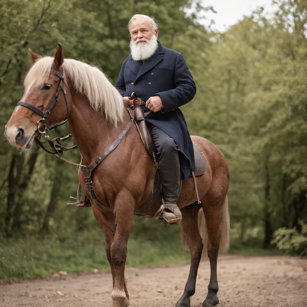 A man with a white beard, mounted on a horse,  full body portrait shot, ,  height is 180 cm, , wearing boots, marketing photo。