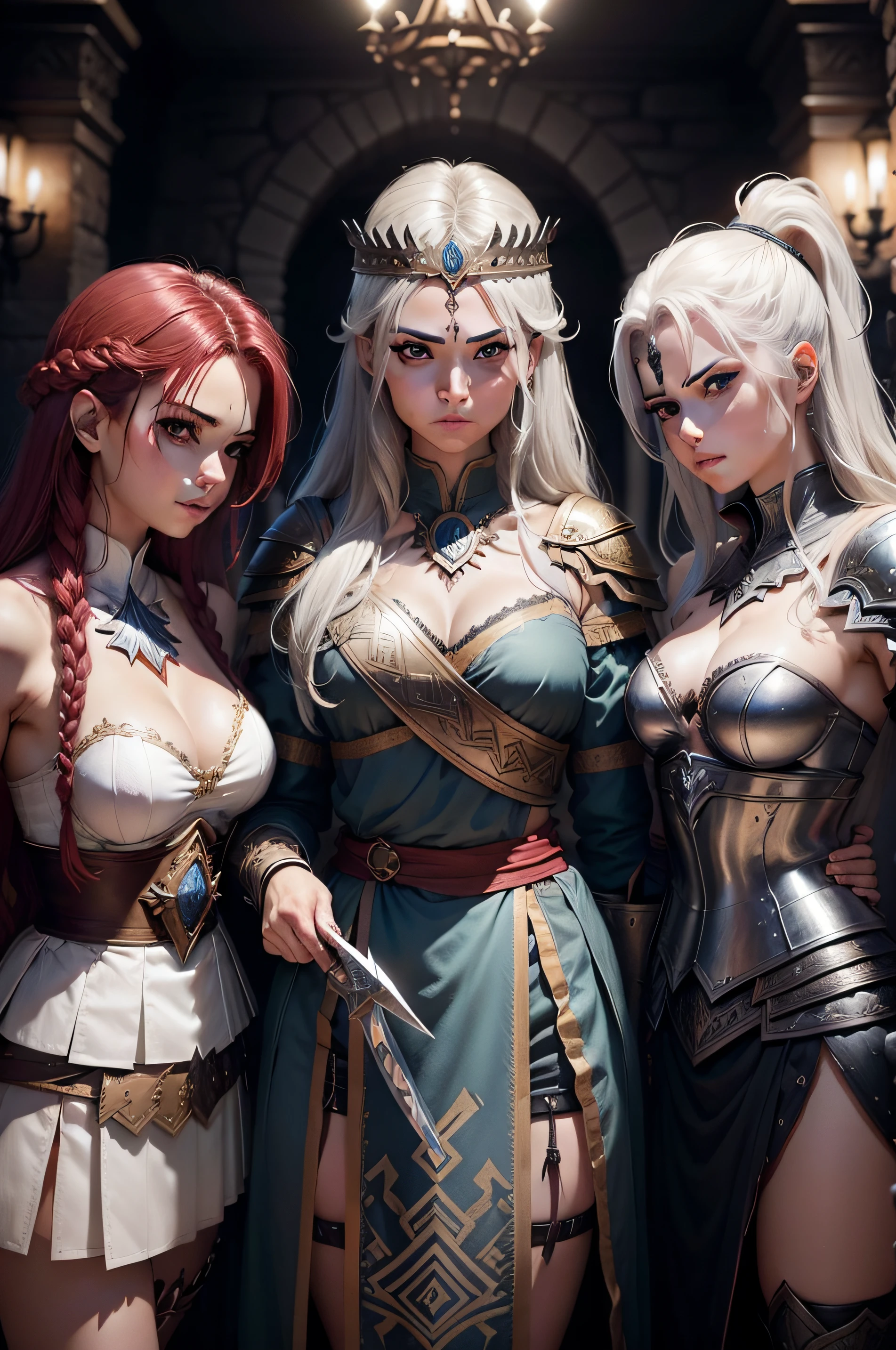 Create 3 warrior Valkyries together with swords, banquete dos imortais, armaduras,