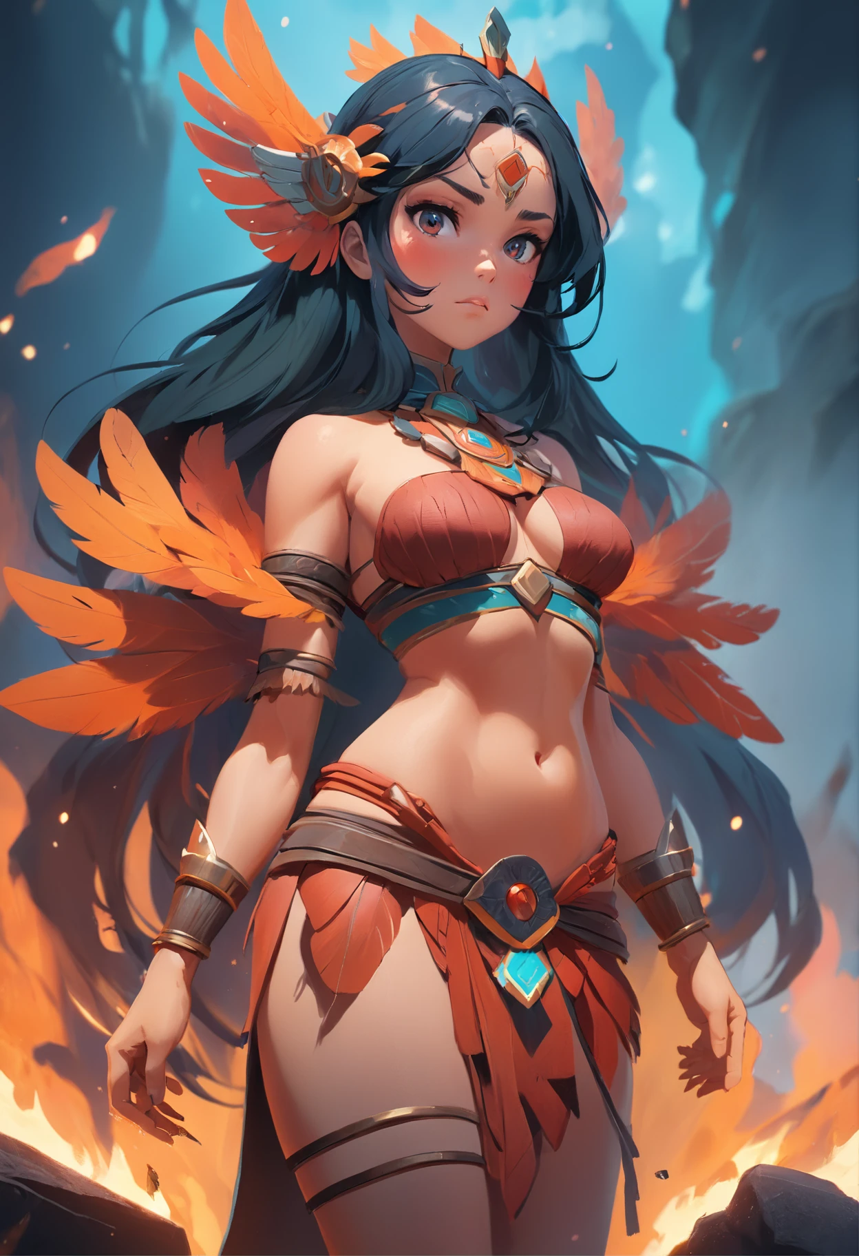 aztec princess doll, barbarian warrior woman, in a costume with feathers on her head, flames, smoke, fog, featured on cg society, fantasy realistic art, vibrant deep rich color, unreal engine, greg rutkowski, loish, rhads, beeple, makoto shinkai and lois van baarle, ilya kuvshinov, rossdraws, tom bagshaw, alphonse mucha, global illumination, detailed and intricate environment