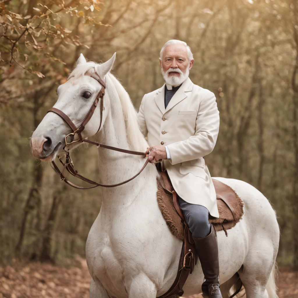 A man with a white beard,Wearing a white coat,mounted on a horse, full body portrait shot, , height is 180 cm, , wearing boots, marketing photo。