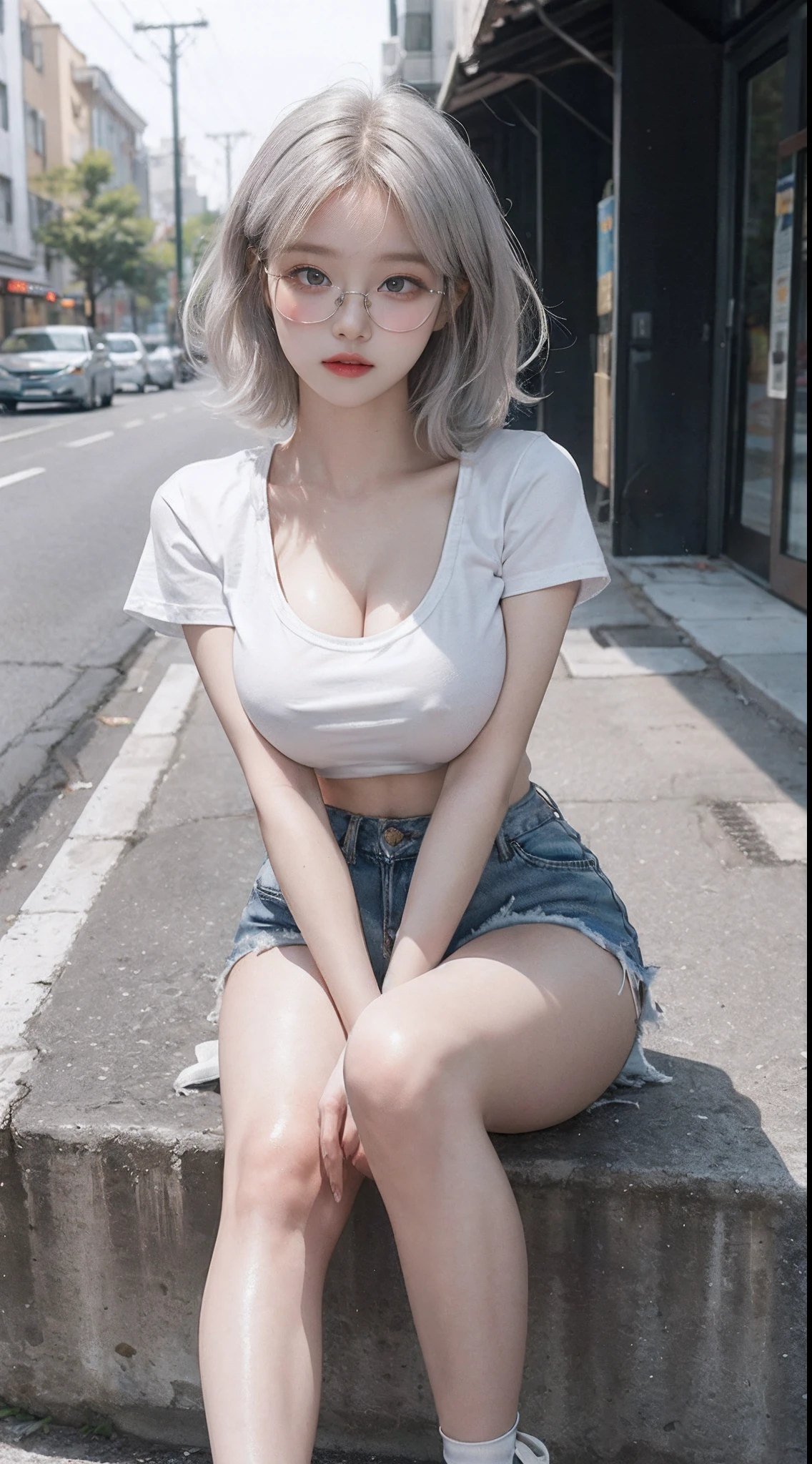 Top image quality、Raw photography、超A high resolution、18-year-old Korean、Glasses beauty、Colossal tits:1.5、cleavage of the breast:1.5、fair white skin、shiny white skin、(short bobbed hair)、((bright silver hair、bright white hair))、Beautiful eyes with random colors、very thin lips、beautiful eyes finely detailed、elongated eyes、pale pink blush、long eyeslashes、Beautiful double eyelids、eyeshadows、耳Nipple Ring、(Fashionable glasses、white tee、denim short pants、Beautiful legs、Attractive thighs)、street snap、caps、Emphasis on the thighs
