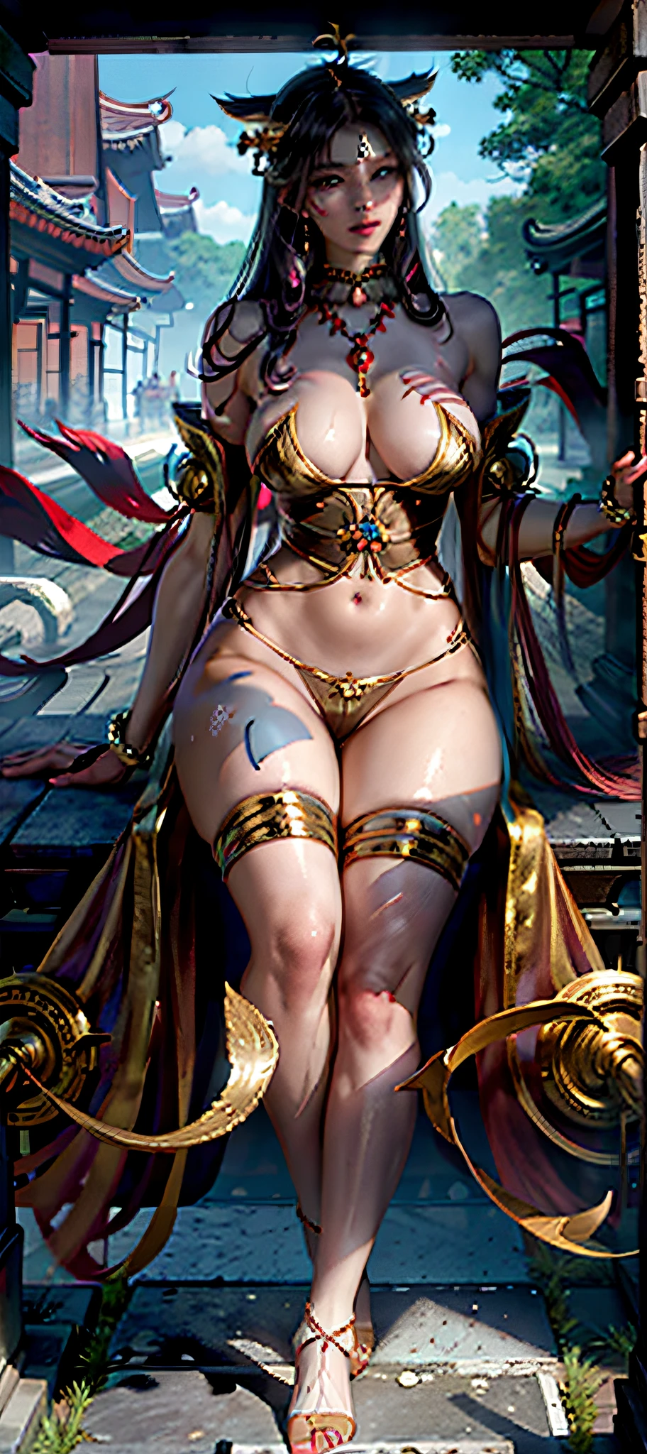 NSFW, Realistic super nasty fox woman, Big, A priestess sitting on the door of the shrine's torii, Fluffy priestess uniform, full bodyesbian, Angular eyes, Hair between the eyes, hair messy, Gentle and attractive, Bare shoulders, delicate sexy collarbone, full - length photo, charming oval face, Double eyelids, Small nose, Noble, hyper HD, Super detail, Elegant posture, glistning skin, Wear sweat, emphasizing thighs and crotch, camel-toe