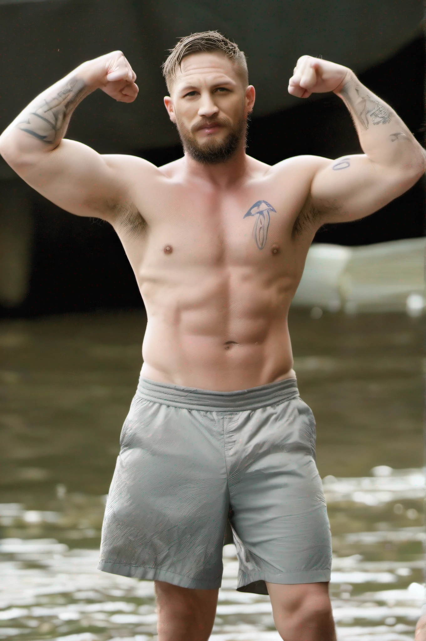 Tom Hardy in boxer briefs, arms up, hairy torso, hairy body