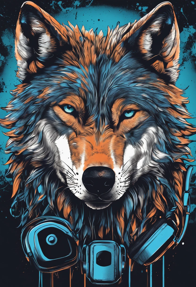 wolf wearing headset and wearing a blue shirt ,createPrintT-shirt("Djorbas", "black", "white", "Arial", 24