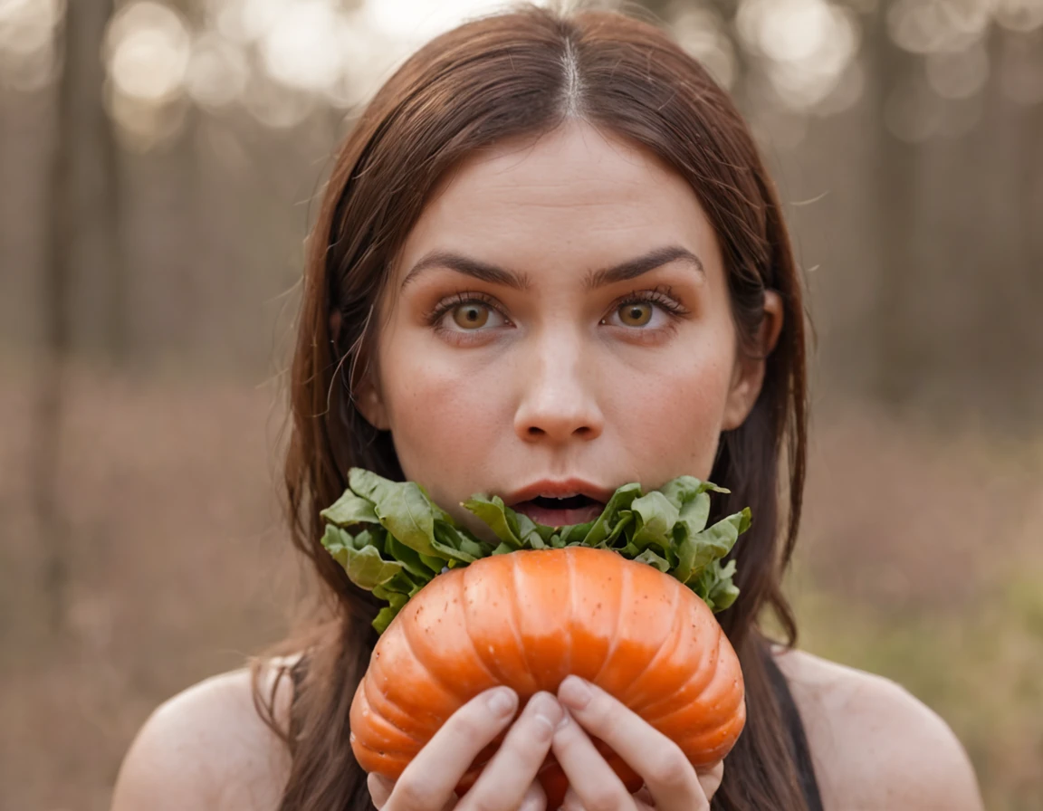 mulher visivelmente surpresa e encantada, holding a giant carrot that is clearly larger than your own head. Your eyes are wide open, expressing a mixture of shock and awe as she holds the end of the banana, that extends beyond your shoulders. Her hands are delicately resting on the surface of the carrot, and his mouth is half-open in an expression of genuine surprise. The scene captures the moment when she is discovering and reacting to the extraordinary presence of the giant carrot, radiating fascination and wonder at the unusual proportions of the vegetable