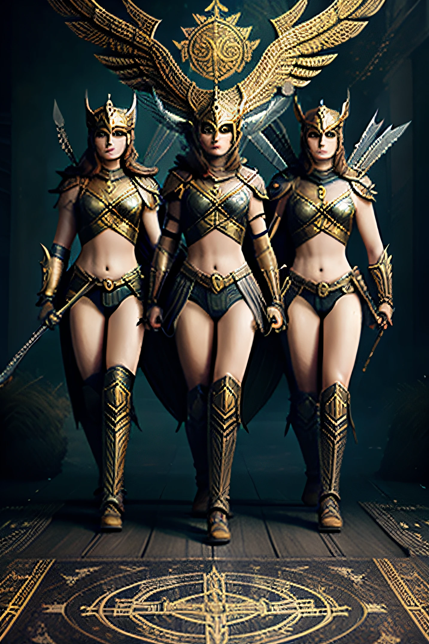 3 Valkyrie warriors with weapons, armor in the golden palace of Odin