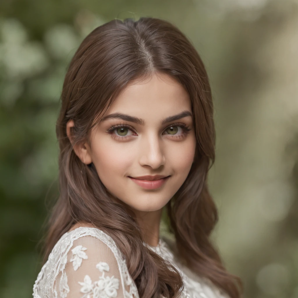 A beautiful Persian girl with a wheatish complexion, an innocent and charming smile, large green eyes, wearing a white silky dress, her light brown hair flowing