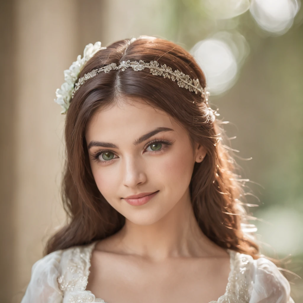 A beautiful Persian girl with a wheatish complexion, an innocent and charming smile, large green eyes, wearing a white silky dress, her light brown hair flowing