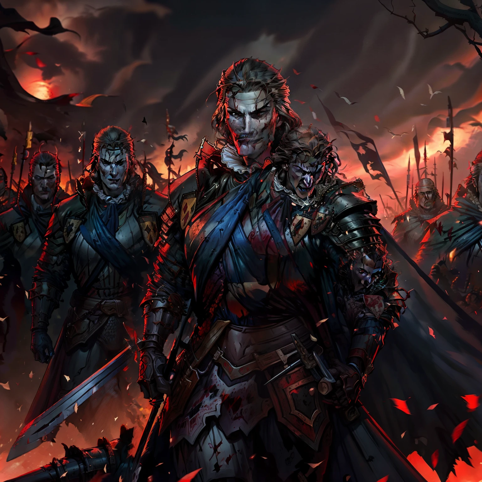 A realistic image of Dracula from the shadow lord Castlevania, in the middle of a battlefield with several fallen soldiers bleeding with the light of the moon reflecting off and Dracula with a sword in his hand and with a sarcastic smile