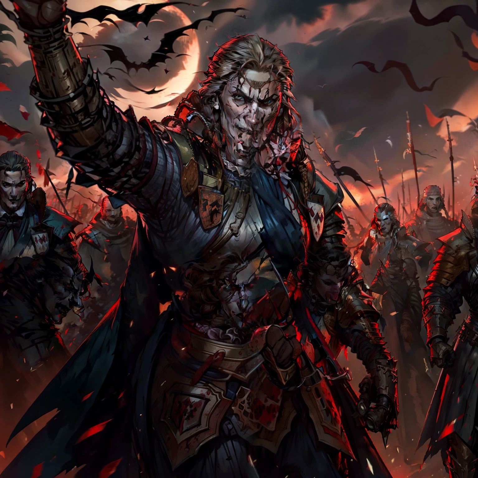 A realistic image of Dracula from the shadow lord Castlevania, in the middle of a battlefield with several fallen soldiers bleeding with the light of the moon reflecting off and Dracula with a sword in his hand and with a sarcastic smile