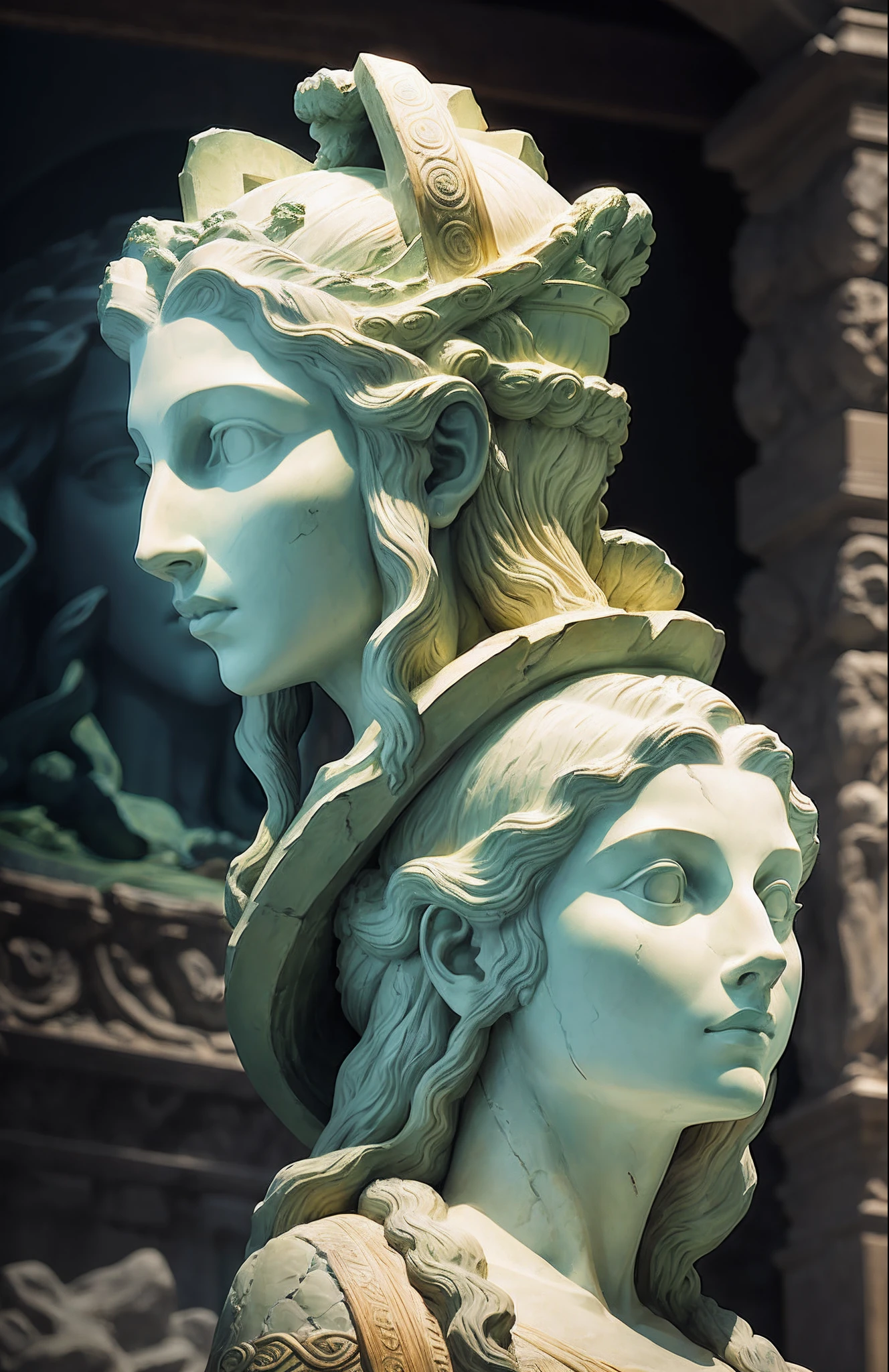 a stone statue of the goddess medusa profile face position, looking up on a blurry background, profile picture and in CGI style