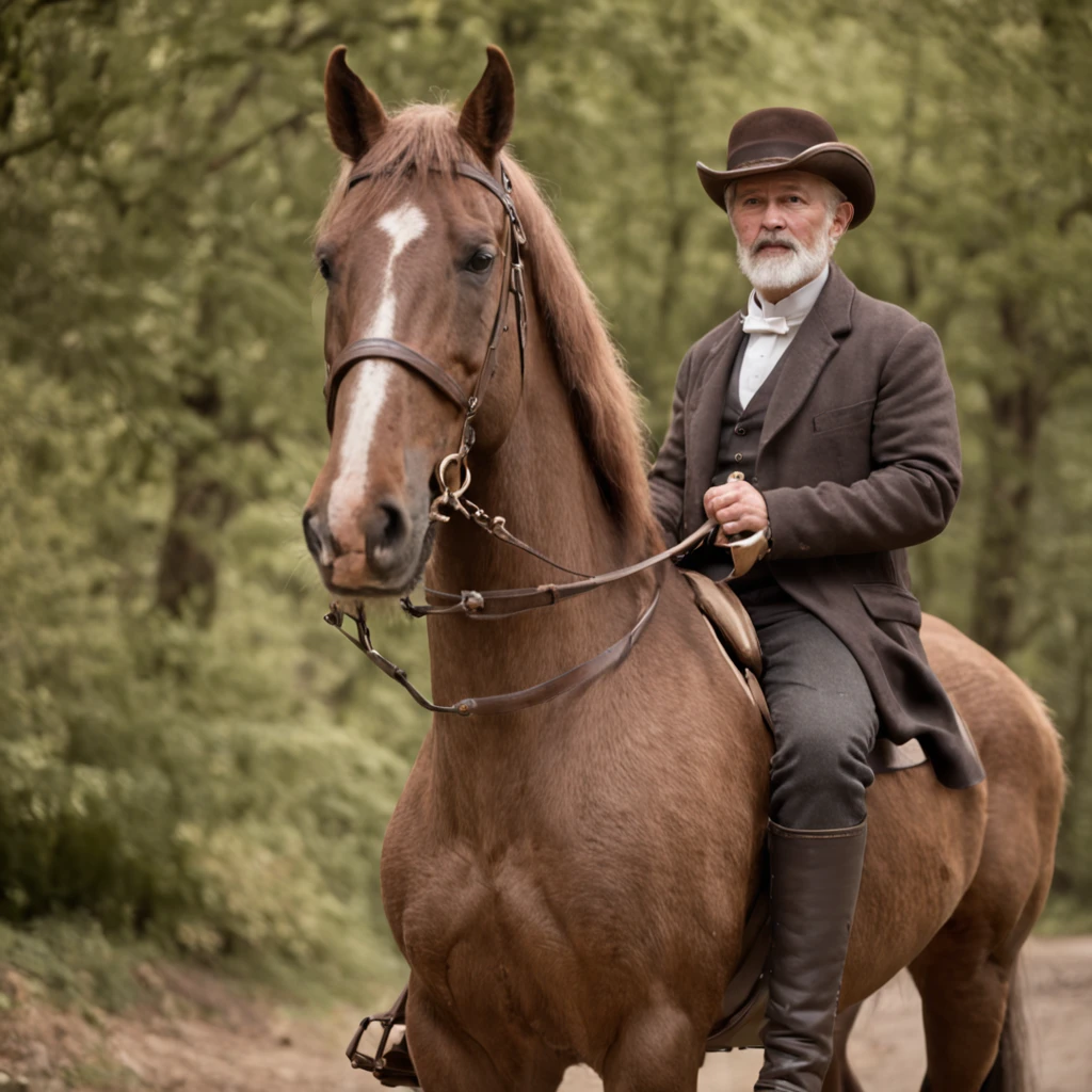 A man with a white beard,Wearing a brown coat，mounted on a horse, full body portrait shot, , height is 180 cm, , wearing boots, marketing photo。