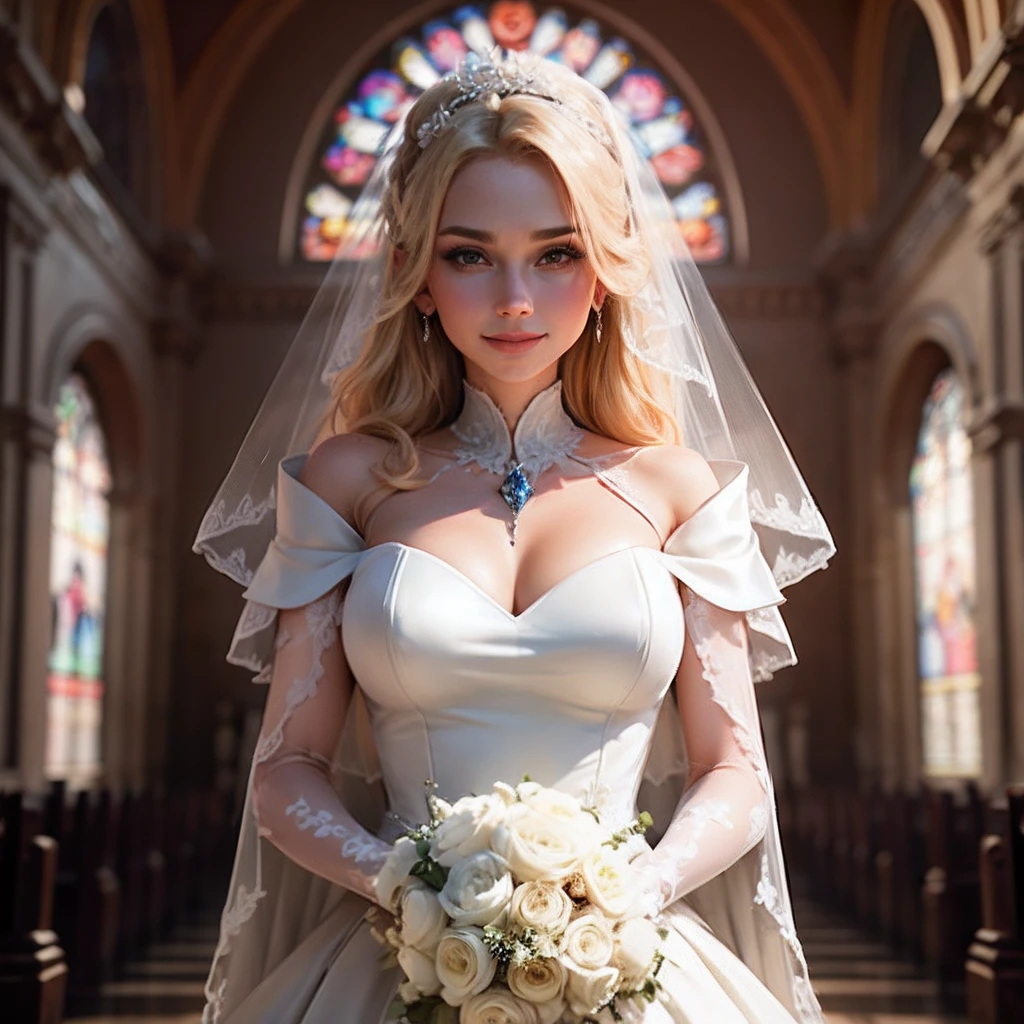 (((diamond bride))),Delicate face, looking at camera, smile!!!,The face of Eros,Blonde hair, handsome, in church,sparkling diamonds,Big breasts,glowing bride,(crystal wedding dress) ,Taller,Irrigating color,The Arthur effect, Transparent body, Translucent molten glass gradient, caustic, transparent glass texture, irritating color, designed by dietrams, simple, glows in high detail, white back, industrial design, studio lit, C4D, OC renderer, clean shadows --auto --s2