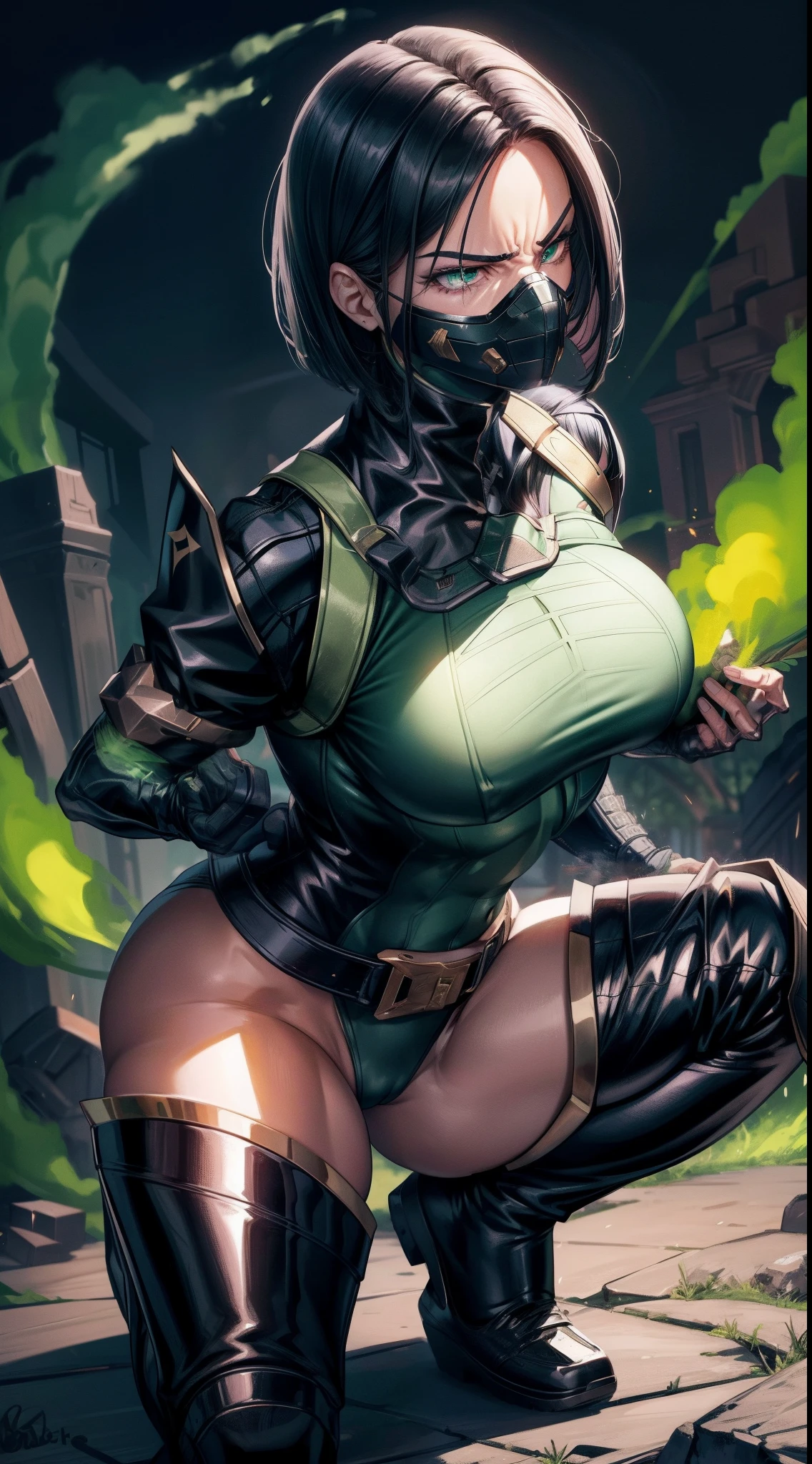 Masterpiece, Best quality,Watching from behind,Back view,《Fearless viper》, 比基尼, mitts, belt, thigh boots, respirator, view the viewer, face, Portrait, Close-up, Glowing eyes, green smoke, Black background,huge tit,Raised chest,Bare-bodied,Buttocks close up,angry look,Devil figure,Docking screen,Muscle woman,Abs,Spread your legs and squat,Look at a woman's ass from below