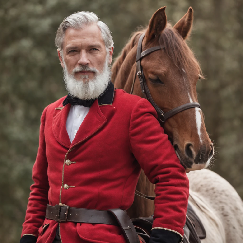 A man with a white beard,Wearing a red coat,mounted on a horse, full body portrait shot, , height is 180 cm, , wearing boots, marketing photo。