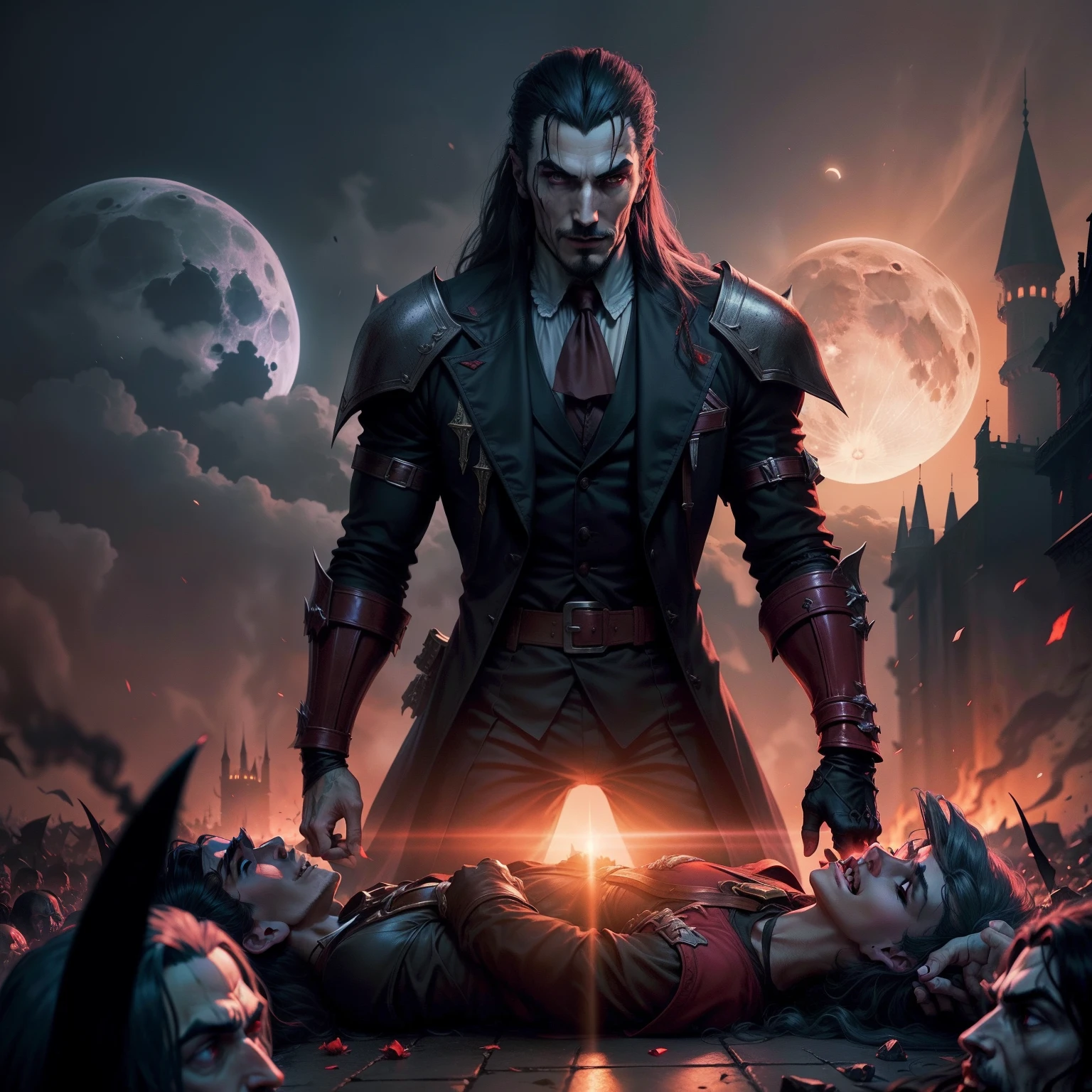 A realistic image of Dracula from the shadow lord Castlevania, in the middle of a battlefield with several fallen soldiers bleeding with the light of the moon reflecting off and Dracula with a sword in his hand and with a sarcastic smile