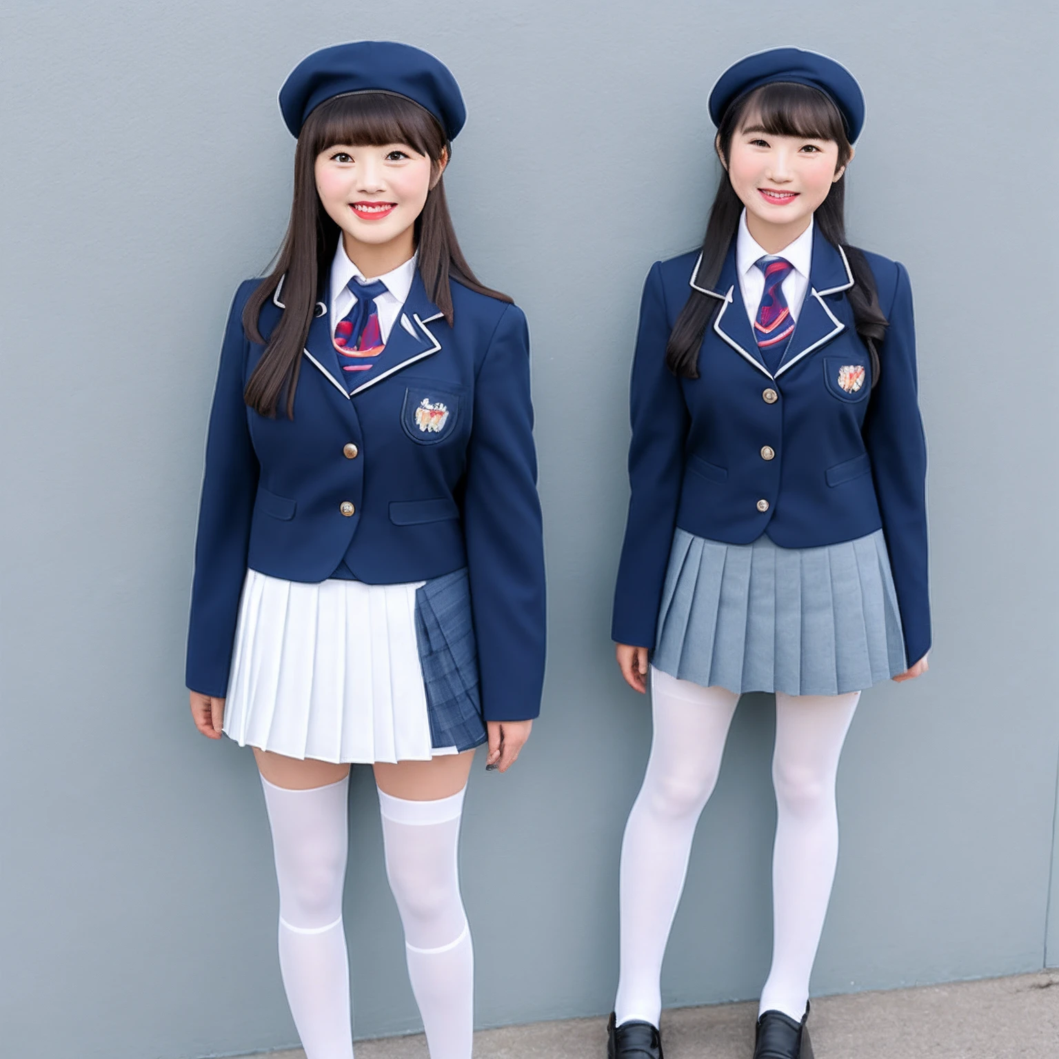 Longhaired Beauty,long leges, outfit photograph, wearing dresses, Navy blue pleated skirt, dressed as schoolgirl,Wear white pantyhose,white stockings, JK school uniform