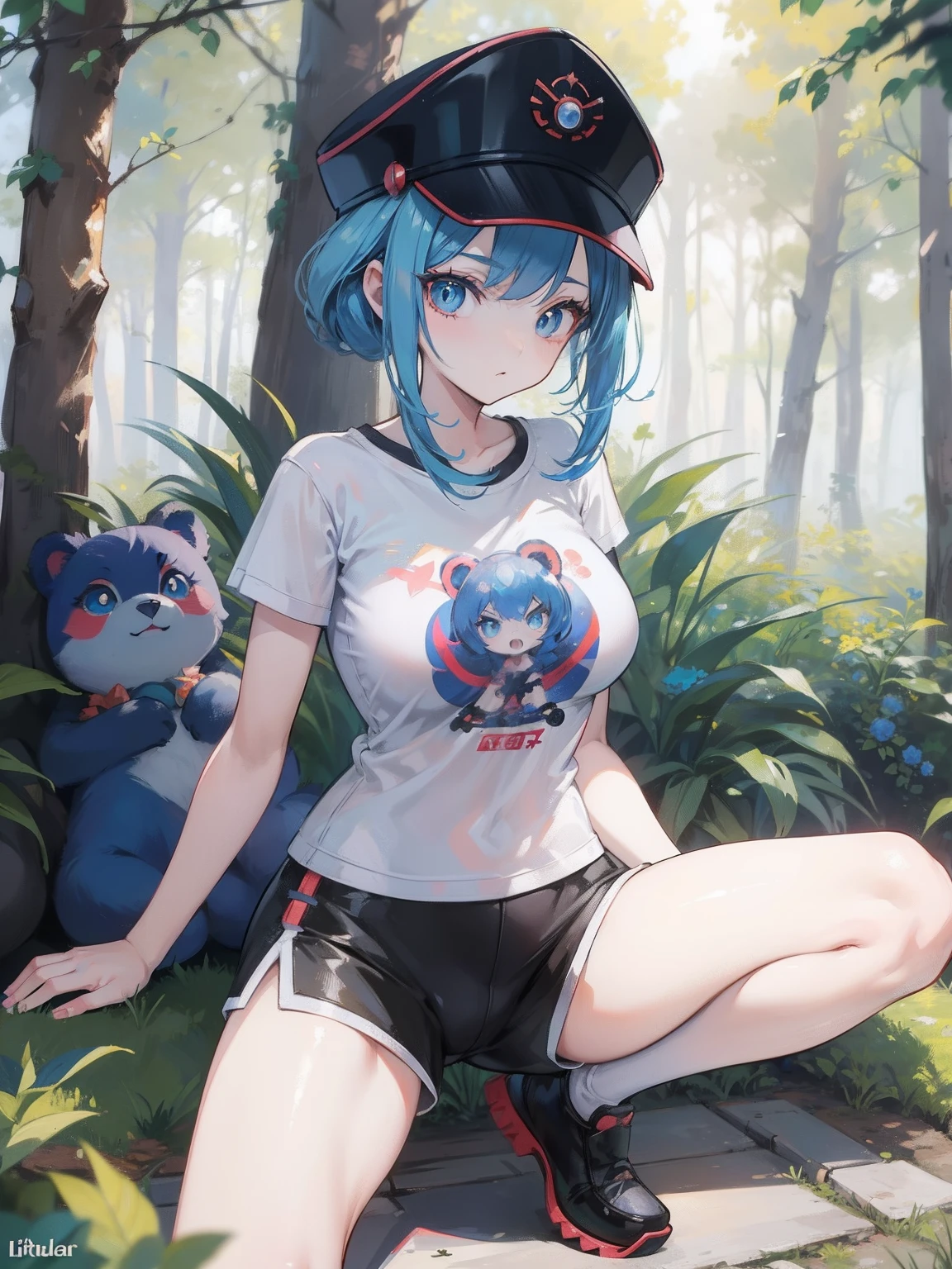 Anime style, Russian pokemon master, girl with tits,  wear with slavic ornaments, cap, sexy shorts and t-shirt, (near new pokemon little bear, blue furr, big eyes, six legs), in the sunny forest