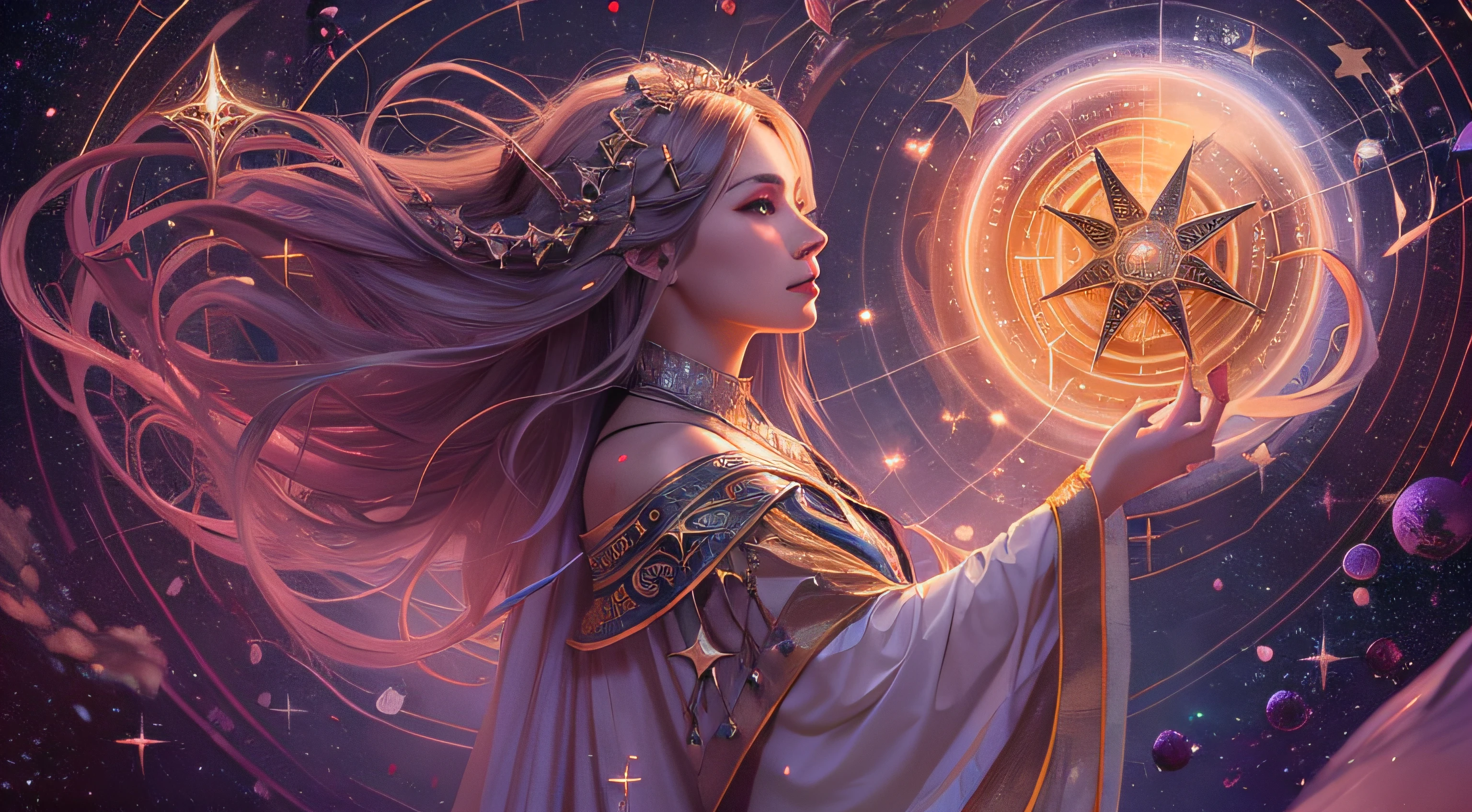 a woman with long hair holding a star in her hand, Mago Celestial Lindo, arte fantasia behance, bela arte de fantasia, estilo de arte de fantasia, retrato bonito da arte da fantasia, arte estilo fantasia, arte digital de fantasia detalhada, Deusa Celestial, arte de fantasia detalhada, arte digital fantasia arte, arte de fantasia de alta qualidade, arte de fantasia digital ), fantasy art illustration, epic fantasy HD art style