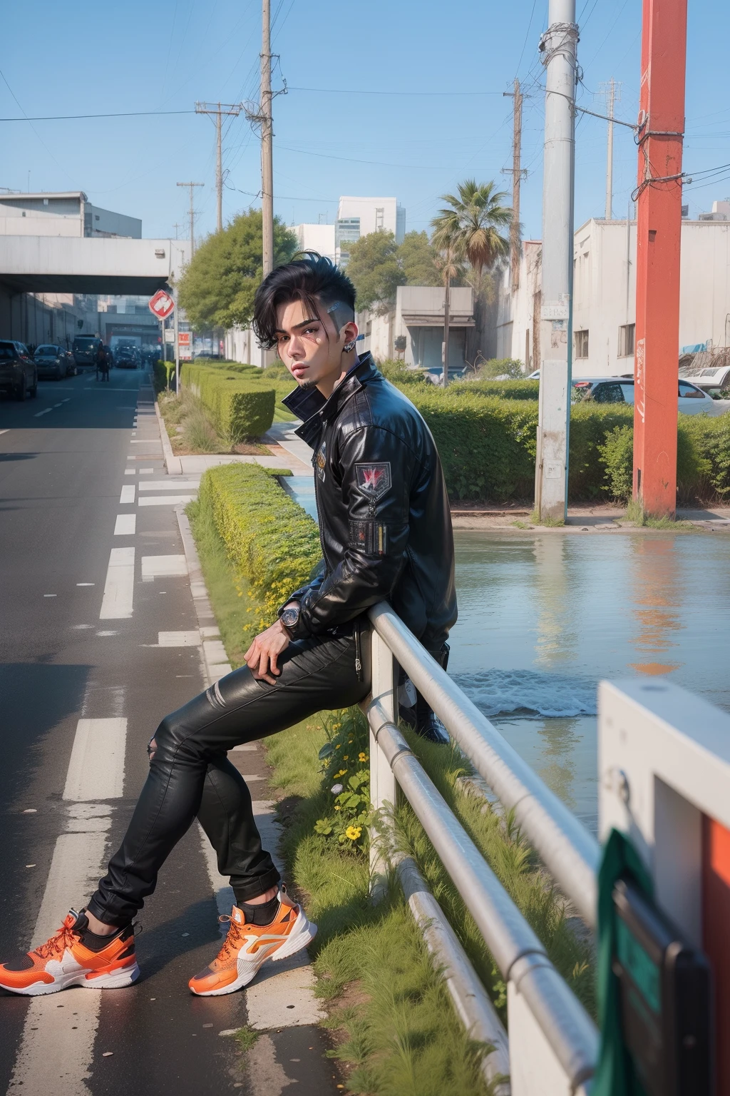 Change background cyberpunk handsome boy.realistic face.