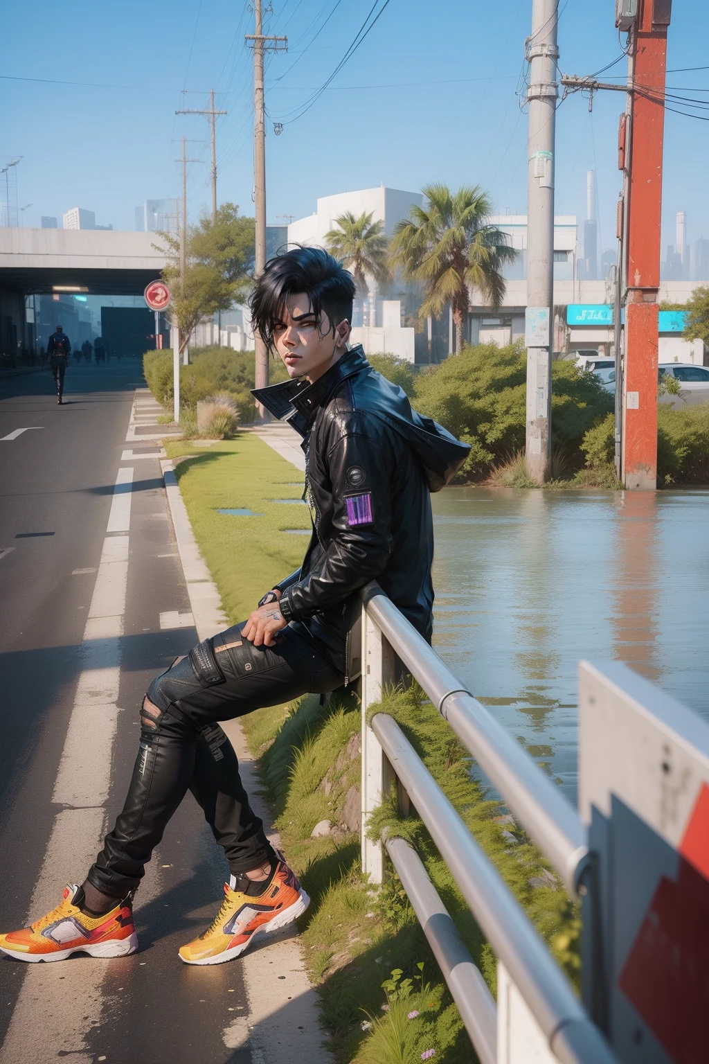 Change background cyberpunk handsome boy.realistic face.