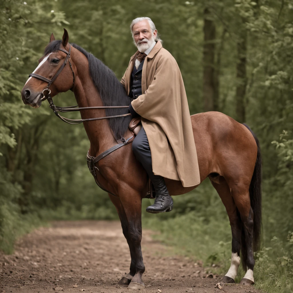 A man with a white beard,Wearing a brown coat,mounted on a horse, full body portrait shot, , height is 180 cm, , wearing boots, marketing photo。