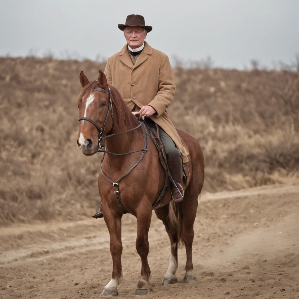 A man with a white beard,Wearing a brown coat,mounted on a horse, full body portrait shot, , height is 180 cm, , wearing boots, marketing photo。