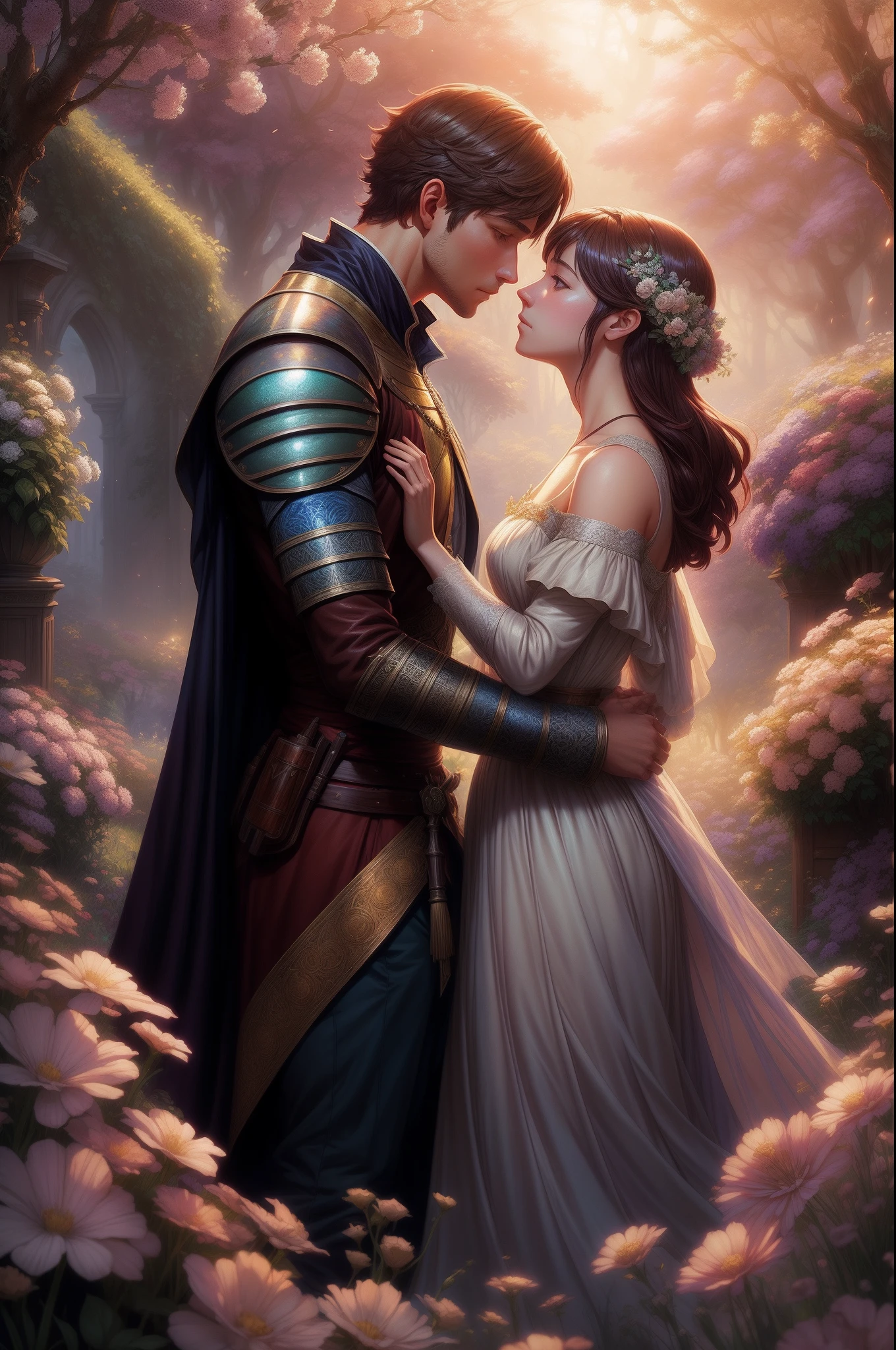 the kiss painting, medieval knight and victorian lady, in love, romance book cover, standing in the garden, flowers iridescent, deep complementary colors, ethereal fantasy, hyperdetailed mist, Thomas Kinkade, matte painting gouache, ethereal fantasy, dynamic lighting, unreal engine, greg rutkowski, loish, rhads, beeple, makoto shinkai and lois van baarle, ilya kuvshinov, rossdraws, tom bagshaw, alphonse mucha, global illumination, detailed and intricate environment
