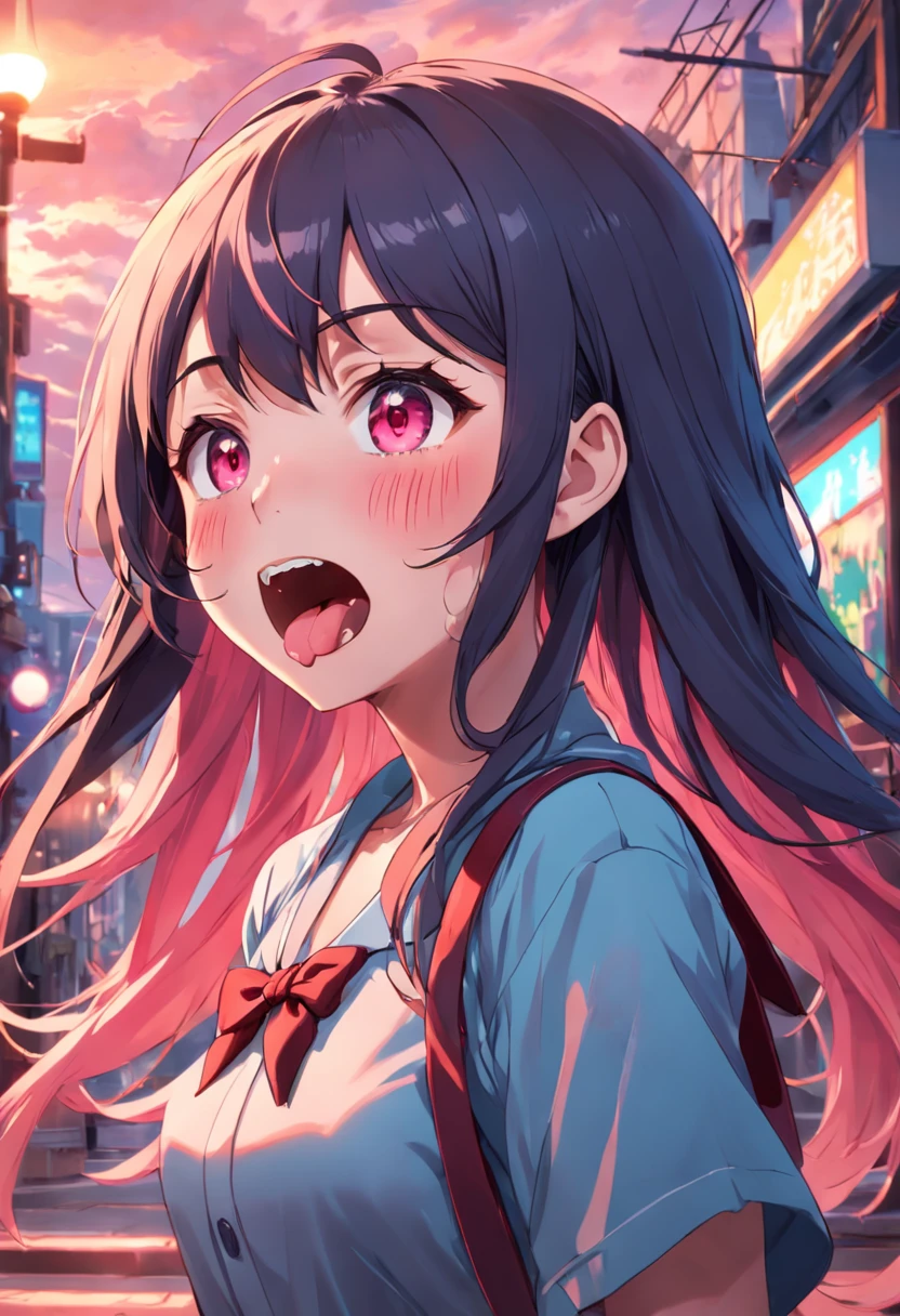 Beautiful girl with blushing frown and tongue sticking out