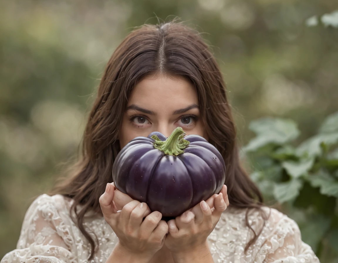 mulher visivelmente surpresa e encantada, holding a giant eggplant that is clearly larger than your own arm. Your eyes are wide open, expressing a mixture of shock and awe as she holds the end of the eggplant, that extends beyond your shoulders. Her hands are delicately resting on the surface of the eggplant, and his mouth is half-open in an expression of genuine surprise. The scene captures the moment when she is discovering and reacting to the extraordinary presence of the giant eggplant, radiating fascination and wonder at the unusual proportions of the vegetable