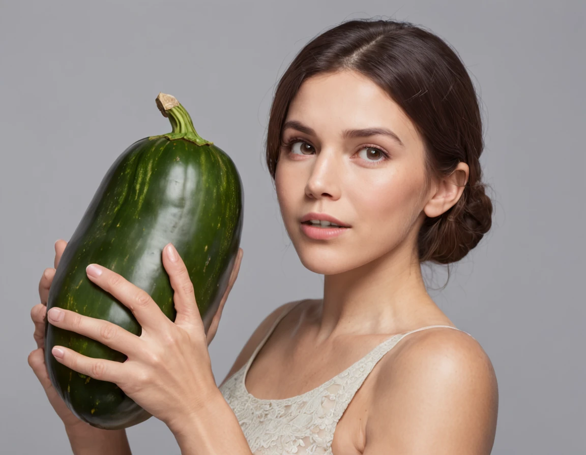 mulher visivelmente surpresa e encantada, holding a giant eggplant that is clearly larger than your own arm. Your eyes are wide open, expressing a mixture of shock and awe as she holds the end of the eggplant, that extends beyond your shoulders. Her hands are delicately resting on the surface of the eggplant, and his mouth is half-open in an expression of genuine surprise. The scene captures the moment when she is discovering and reacting to the extraordinary presence of the giant eggplant, radiating fascination and wonder at the unusual proportions of the vegetable