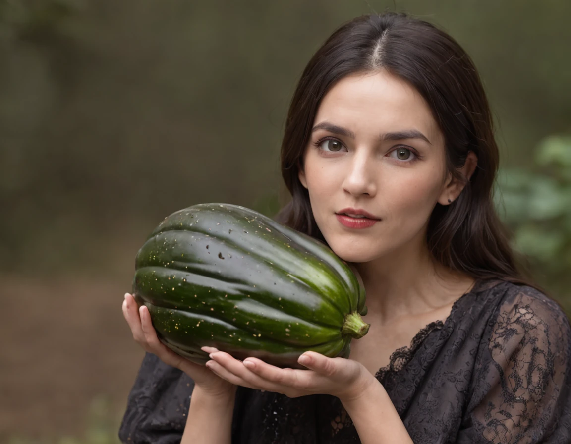 mulher visivelmente surpresa e encantada, holding a giant eggplant that is clearly larger than your own arm. Your eyes are wide open, expressing a mixture of shock and awe as she holds the end of the eggplant, that extends beyond your shoulders. Her hands are delicately resting on the surface of the eggplant, and his mouth is half-open in an expression of genuine surprise. The scene captures the moment when she is discovering and reacting to the extraordinary presence of the giant eggplant, radiating fascination and wonder at the unusual proportions of the vegetable