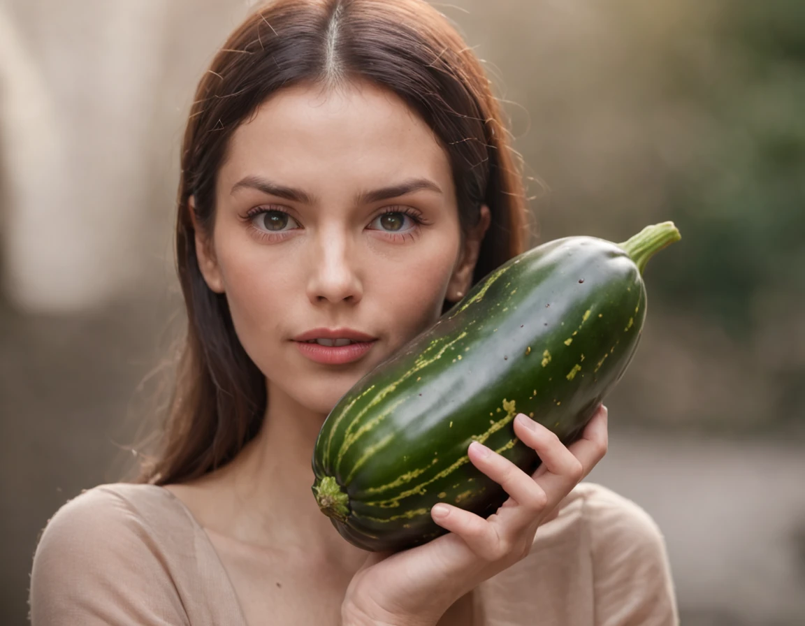 mulher visivelmente surpresa e encantada, holding a giant eggplant that is clearly larger than your own arm. Your eyes are wide open, expressing a mixture of shock and awe as she holds the end of the eggplant, that extends beyond your shoulders. Her hands are delicately resting on the surface of the eggplant, and his mouth is half-open in an expression of genuine surprise. The scene captures the moment when she is discovering and reacting to the extraordinary presence of the giant eggplant, radiating fascination and wonder at the unusual proportions of the vegetable