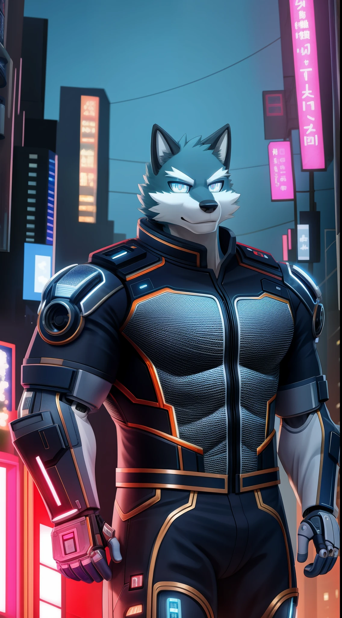 masterpiece, best quality, intricate, pixiv, highres, perfect lighting, absurd res, , detailed background,  cg, cartoony,
delicate face, delicate eyes,
kemono, furry, (anthro male wolf), teenage, 
bara, muscular,
(cyborg:1.3), hi tech, high tech, cyberpunk, 3D ULTRA HD 16K