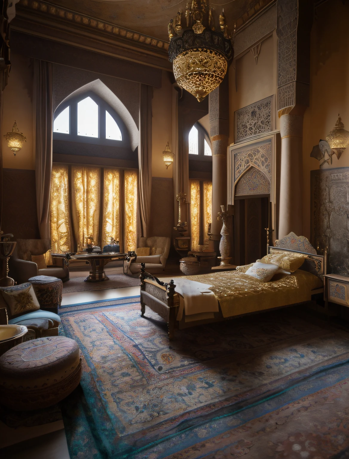 8K, A high resolution, Ultra detailed, (Masterpiece:1.4), Best quality,The Alalfeld bedroom has a canopy bed and large windows, detailed unreal engine 5 render, unreal engine 5 render dramatic, highly realistic concept art, Relaxing concept art, photorrealistic concept art, dreamy and detailed, rendered unreal engine 5, unreal engine 5 highly rendered, Render in Unreal Engine 5, unreal engine 5 render,Arafeld bedroom with bed, a chair, A table and a chandelier, gothic mansion room, Inside an epic Gothic castle, Intricate castle interior, in a futuristic desert palace, Inspired by Riad Berutti, royal interior, exquisitely designed throne room, ornate retreat, inside a palace, 1 9 2 0 s room, Persian style architecture, luxury castle