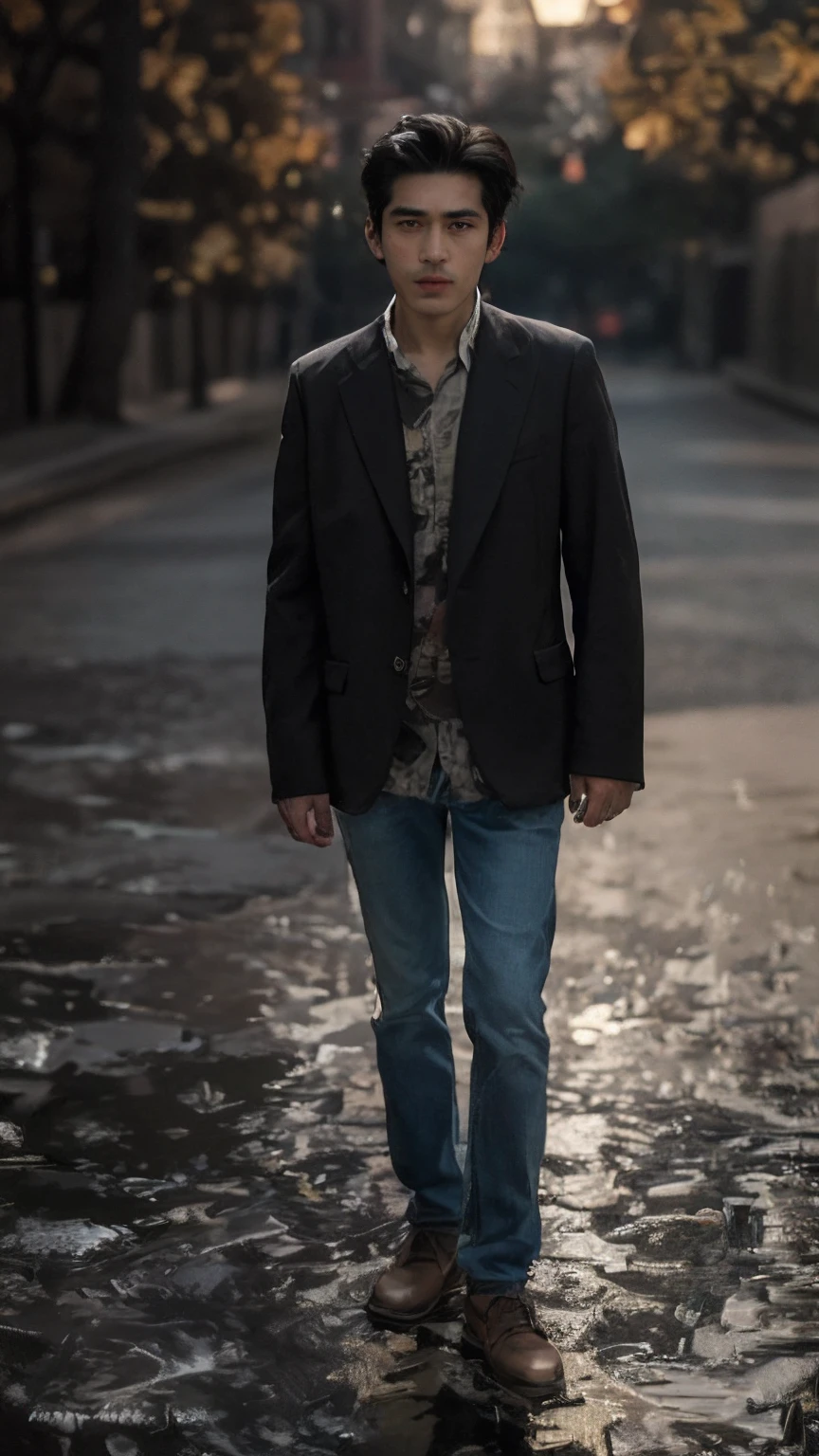 Best quality, masterpiece, ultra high res, (photorealistic:1.5), raw photo, in the dark, deep shadow, low key, cold light, man face, 1 man, 1man, man, Jaws firm, no mustache and beard, thin eyebrows, thin lips, Eye shape like a snake's eye, realistic, Male shoulders, Muscular, mullet hairstyle, broad shoulders, black hair, tan skin, angry face, cool face, bad boy vibe, wearing jeans jacket, carrying a black, smirk face, masculine, look cool, cool face, mainly face, half body portrait, Night city background, sharp eye, tan skin, brown eye, real, Handsome.