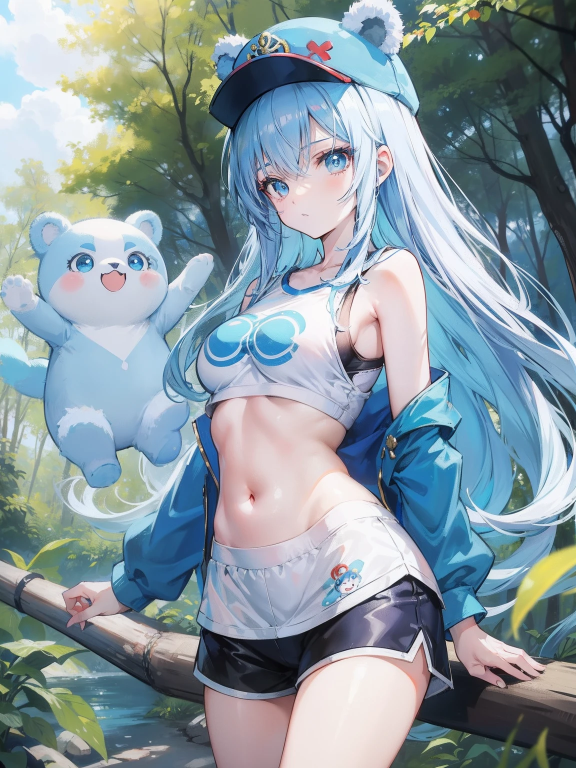 Anime style, Russian pokemon master and little blue bear near her, girl with tits, long blue hairs, white wear with slavic ornaments, cap bear ears, sexy shorts and t-shirt, in the sunny forest