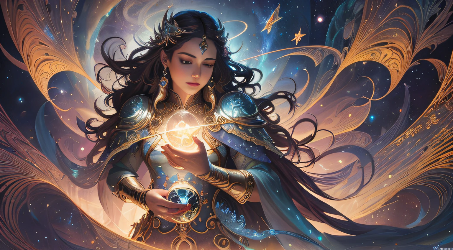 Image of a woman holding a crystal ball in her hands, Mago Celestial Lindo, Artgerm Julie Bell Beeple, Arte do Jogo de Cartas de Fantasia, arte fantasia behance, arte de fantasia de alta qualidade, Deusa Celestial, Peter Mohrbacher e Artgerm, Neoartcore e Charlie Bowater, estilo de arte de fantasia, arte de fantasia detalhada, astral ethereal