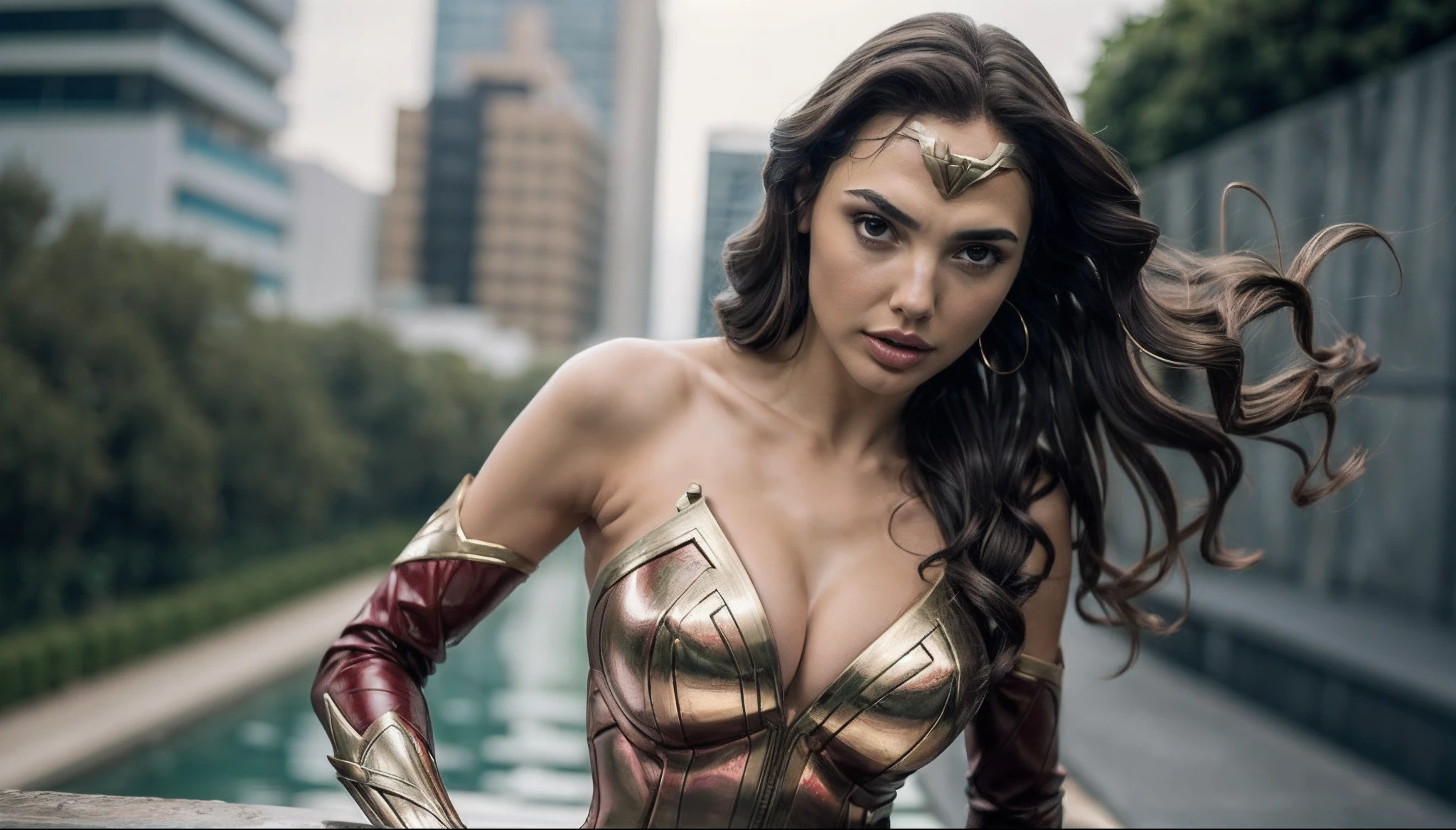 mulher maravilha, Gal Gadot, peituda, clivagem, perfect hands, perfect fingers, seios perfeitos, encaixe perfeito, Corpo Perfeito, rosto perfeito, imagem perfeita, realismo, Antecedentes detalhados, roupa detalhada, superhero suit, lascivo, hiper-realismoo, fotorrealista, Rainha, rendendo espada dourada,