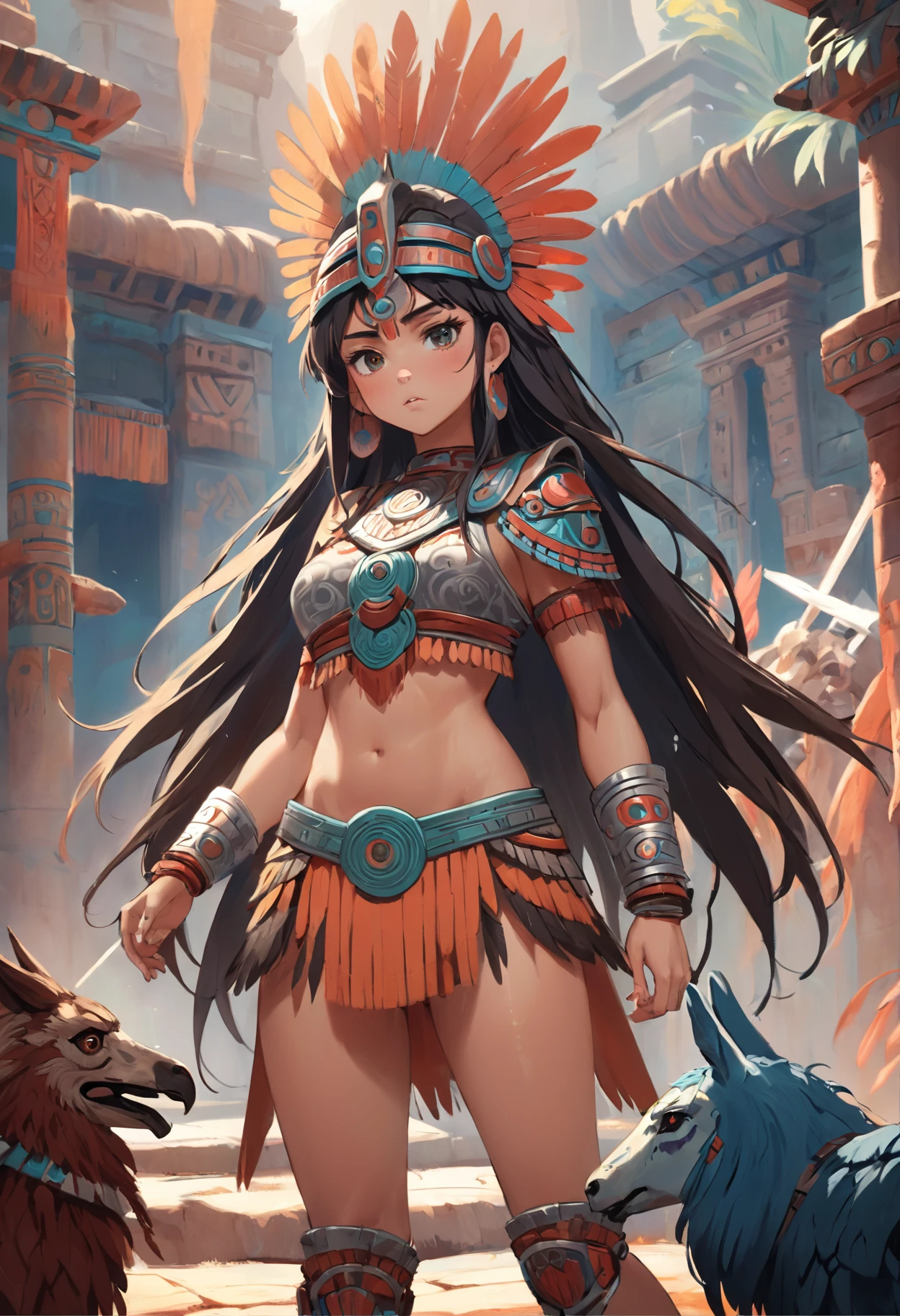 Aztec princess doll, barbarian warrior woman, en un disfraz con plumas en la cabeza, Llamas, humo, diente,en fondo un templo azteca medio destuido humeante, Destacado en CG Society, Realistic fantasy art, Vibrante color profundo y rico, Motor irreal, Greg Rutkowski, loish, Rhads, Beeple, Makoto Shinkai y Lois Van Baarle, Ilya Kuvshinov, RossDrew, Tom Bagshaw, Alphonse Mucha, global ilumination, Entorno detallado e intrincado