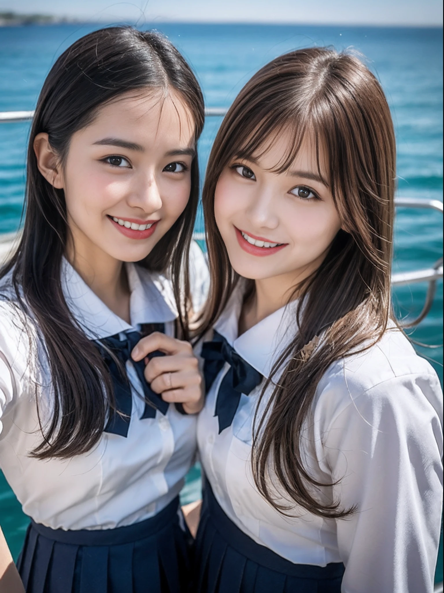 (8K、Raw photography、top-quality、masterpiece:1.2)、ultra-detailliert、ultra res、(hyper realisitic:1.4)、(Sexy waist)From above、Camera from above、Camera angle from above、I'm looking at this with upward eyes、Arms outstretched、arms spread wide、High-quality images taken with a camera from above、Above the sea、、Offshore Girl(Fantastic lighting)head to waist、sexy pose、Very embarrassing、Erotic Poses、A sexy、Raw feet、odious waist、de pele branca、Fair-skinned female proofreading、An ultra-high picture quality、、Beautiful female proofreading reflecting in light、amazing detailed、Beautiful girls in very detailed、Faces with different patterns、Different face patterns、Each hairstyle has its own characteristics、Farbe々Hairstyle、Farbe々Hair color shining with clean light、I enjoy fishing on a boat、Brown hair shining in the light、One has a ponytail、、Modern cute high school girl、very detailed faces very detailed eyes、Very realistic skin、 extremely detailed fingers, highly detailed nose, highly detail mouth, perfect anatomia, Highly detailed sailor suit、、The details of their hair and uniforms shine through、Burning teeth and smiling、Realistic body, de pele branca, glistning skin, Slim body, Long straight hair, (Blunt bangs:1.2), , nixeu and sakimichan, TWICE, Seifuku, sakimichan, JK Uniform, wearing japanese school uniform, promo still, Larisa Manobal, Japan school uniform, japanese girl school uniform, alena aenami and lilia alvarado