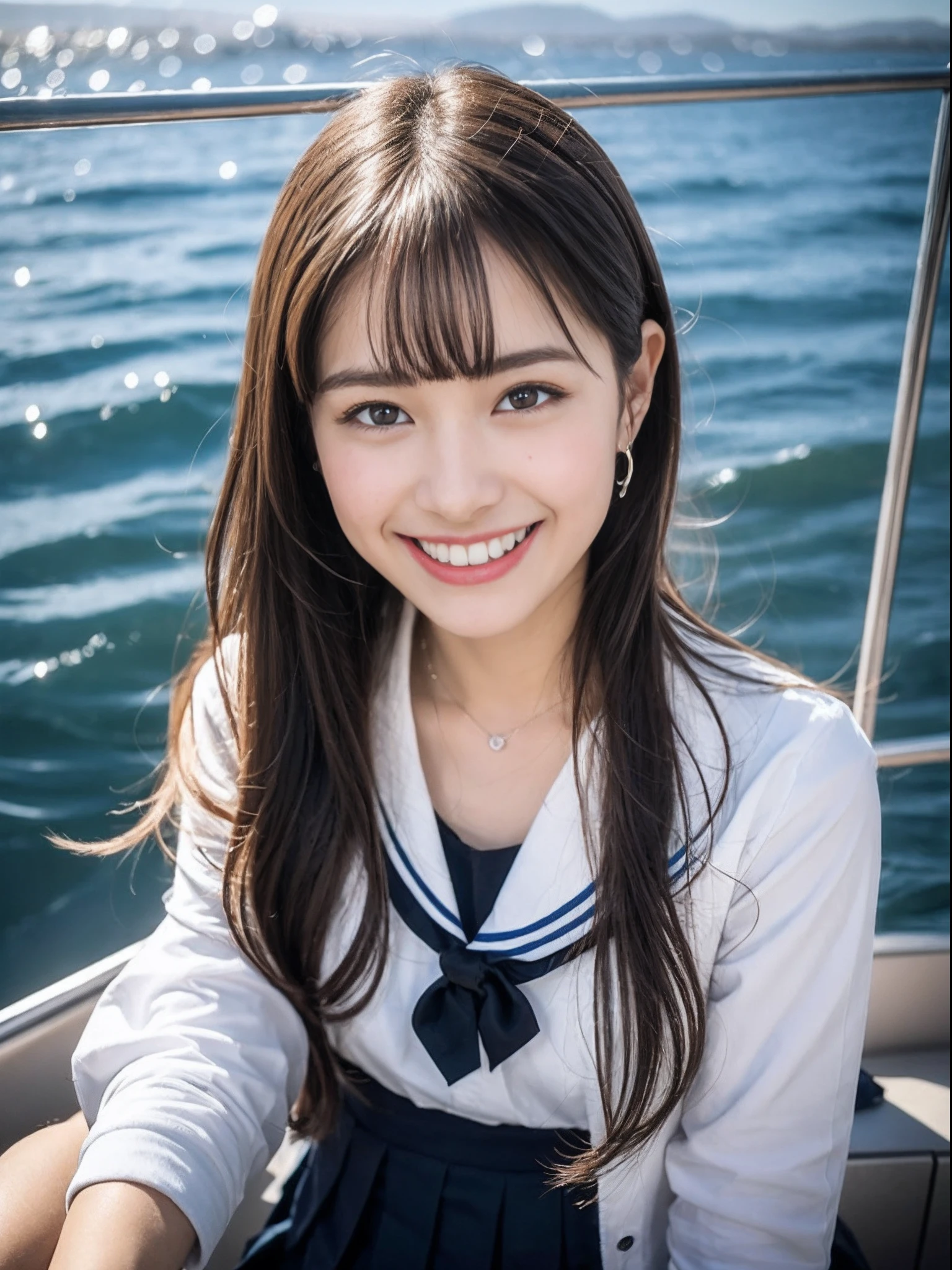 (8K、Raw photography、top-quality、masterpiece:1.2)、ultra-detailliert、ultra res、(hyper realisitic:1.4)、(Using the kiss you throw as a camera)From above、Camera from above、Camera angle from above、I'm looking at this with upward eyes、Arms outstretched、arms spread wide、High-quality images taken with a camera from above、Above the sea、、Offshore Girl(Fantastic lighting)head to waist、sexy pose、Very embarrassing、Erotic Poses、A sexy、Raw feet、odious waist、de pele branca、Fair-skinned female proofreading、An ultra-high picture quality、、Beautiful female proofreading reflecting in light、amazing detailed、Beautiful girls in very detailed、Faces with different patterns、Different face patterns、Each hairstyle has its own characteristics、Farbe々Hairstyle、Farbe々Hair color shining with clean light、I enjoy fishing on a boat、Brown hair shining in the light、One has a ponytail、、Modern cute high school girl、very detailed faces very detailed eyes、Very realistic skin、 extremely detailed fingers, highly detailed nose, highly detail mouth, perfect anatomia, Highly detailed sailor suit、、The details of their hair and uniforms shine through、Burning teeth and smiling、Realistic body, de pele branca, glistning skin, Slim body, Long straight hair, (Blunt bangs:1.2), , nixeu and sakimichan, TWICE, Seifuku, sakimichan, JK Uniform, wearing japanese school uniform, promo still, Larisa Manobal, Japan school uniform, japanese girl school uniform, alena aenami and lilia alvarado