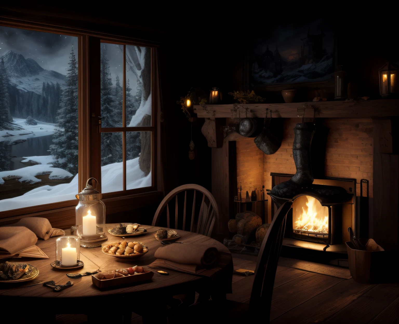 8K, A high resolution, Ultra detailed, (Masterpiece:1.4),unreal engine 5 render, There is a table in front of the fairy-tale beautiful rendered window，There was food and candles inside, cozy place, cozy wallpaper, cozy environment, cozy environment, cozy and peaceful atmosphere, Cozy atmosphere, winter setting, cozy and calm, highly realistic concept art, ultrarealistic matte painting, highly detailed matte painting, Comfortable charming scene, cosy atmoshpere, photorealistic dark concept art, realistic matte painting