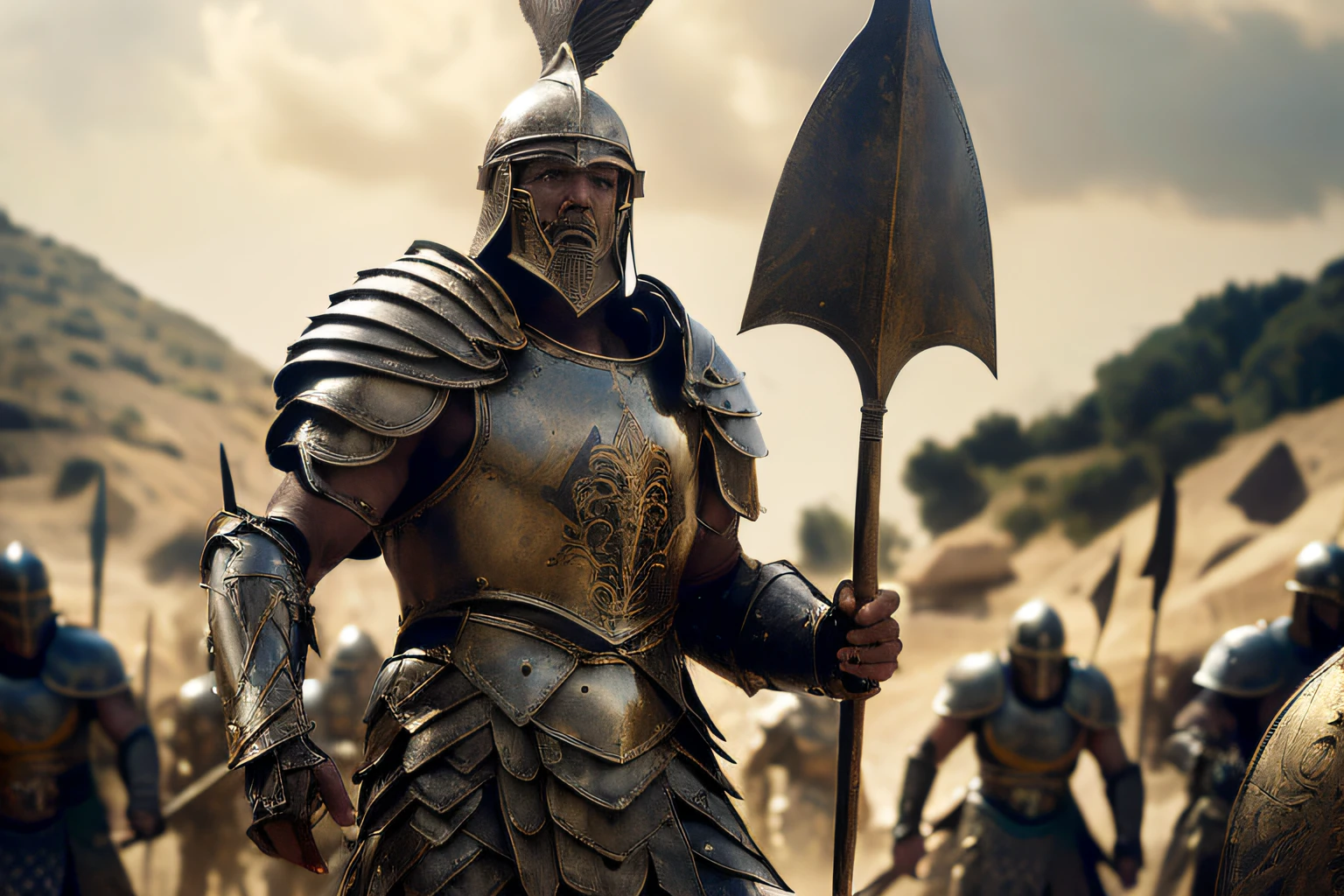 there is a man in a helmet and armor holding a spear, armoured warrior, dressed in spartan armour, ancient soldier, ares with heavy armor and sword, in thick full bronze armour, clothed in ancient battle armor, ancient warrior, leading spartans into battle, picture of an adult male warrior, armored warrior, persian warrior, ancient mesopotamian warrior, invading army background