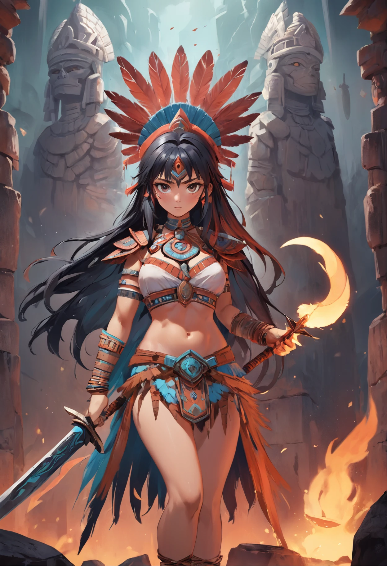 Aztec princess doll, barbarian warrior woman, en un disfraz con plumas en la cabeza, con cuchillo ceremonial en la mano, Llamas, humo, diente,en fondo un templo azteca medio destuido humeante, Destacado en CG Society, Realistic fantasy art, Vibrante color profundo y rico, Motor irreal, Greg Rutkowski, loish, Rhads, Beeple, Makoto Shinkai y Lois Van Baarle, Ilya Kuvshinov, RossDrew, Tom Bagshaw, Alphonse Mucha, dos santos, global ilumination, Entorno detallado e intrincado