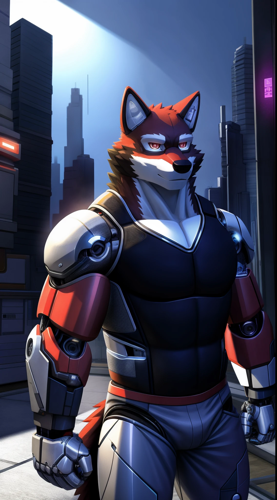 masterpiece, best quality, intricate, pixiv, highres, perfect lighting, absurd res, , detailed background,  cg, cartoony,
delicate face, delicate eyes,
kemono, furry, (anthro male wolf), teenage, 
bara, muscular,
(cyborg:1.3), hi tech, high tech, cyberpunk, 3D ULTRA HD 16K